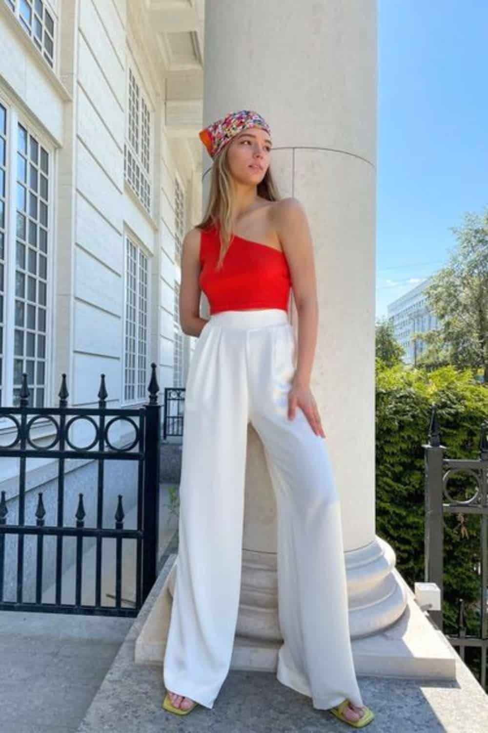 Satin pants outfit with swimsuit and flats