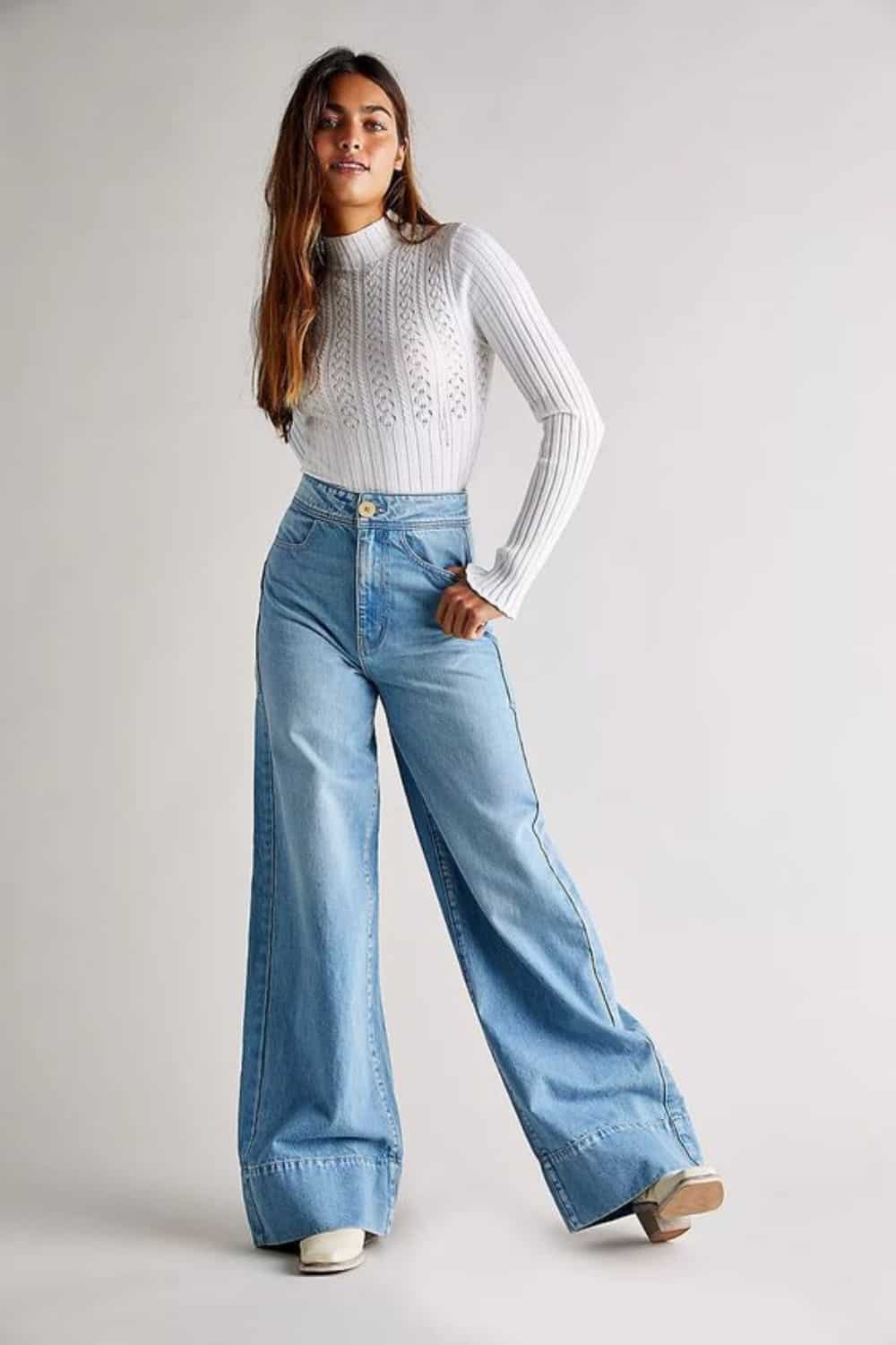 White Ankle Boots with Light Wash Wide Leg Jeans