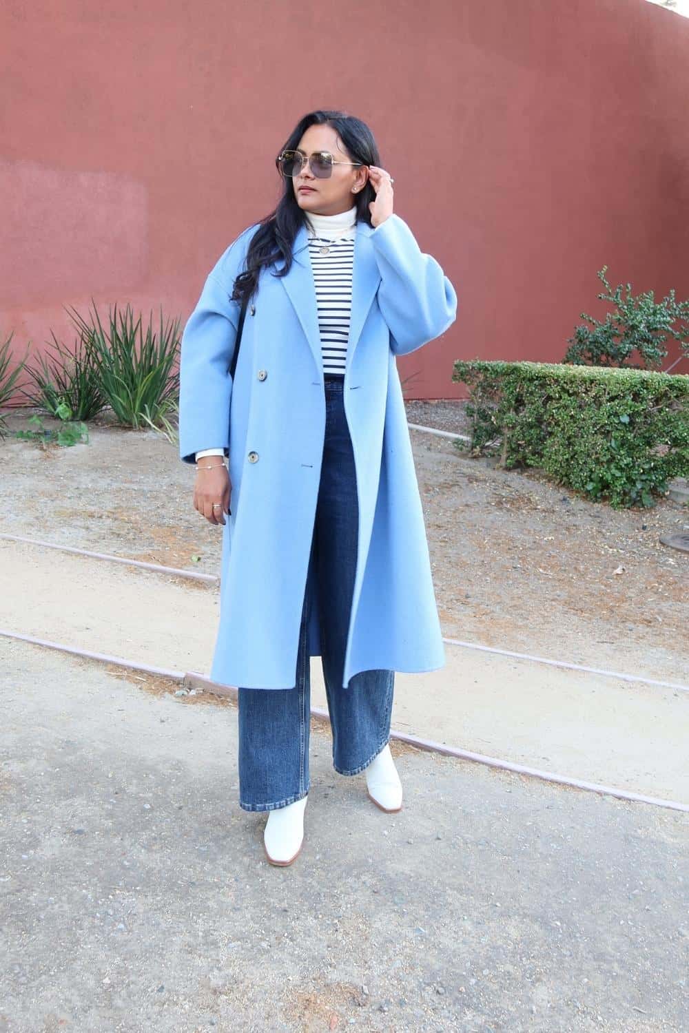 Wide Leg Jeans Outfit with Blue Coat and White Ankle Boots