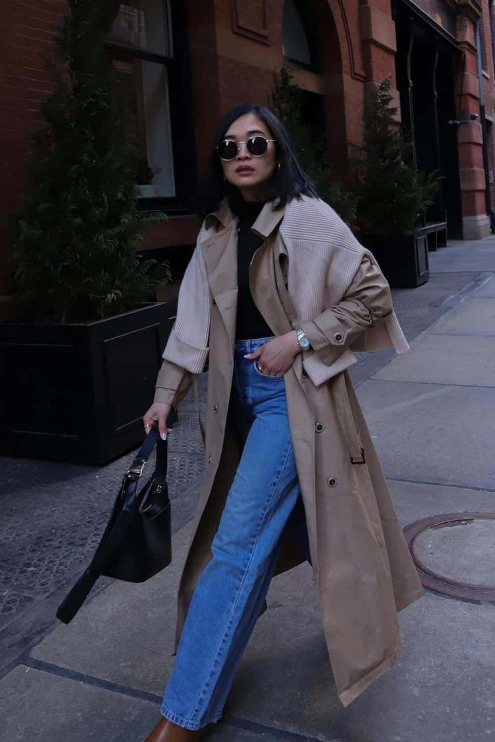Blue wide leg jeans outfit for winter with trench coat and sweater on top