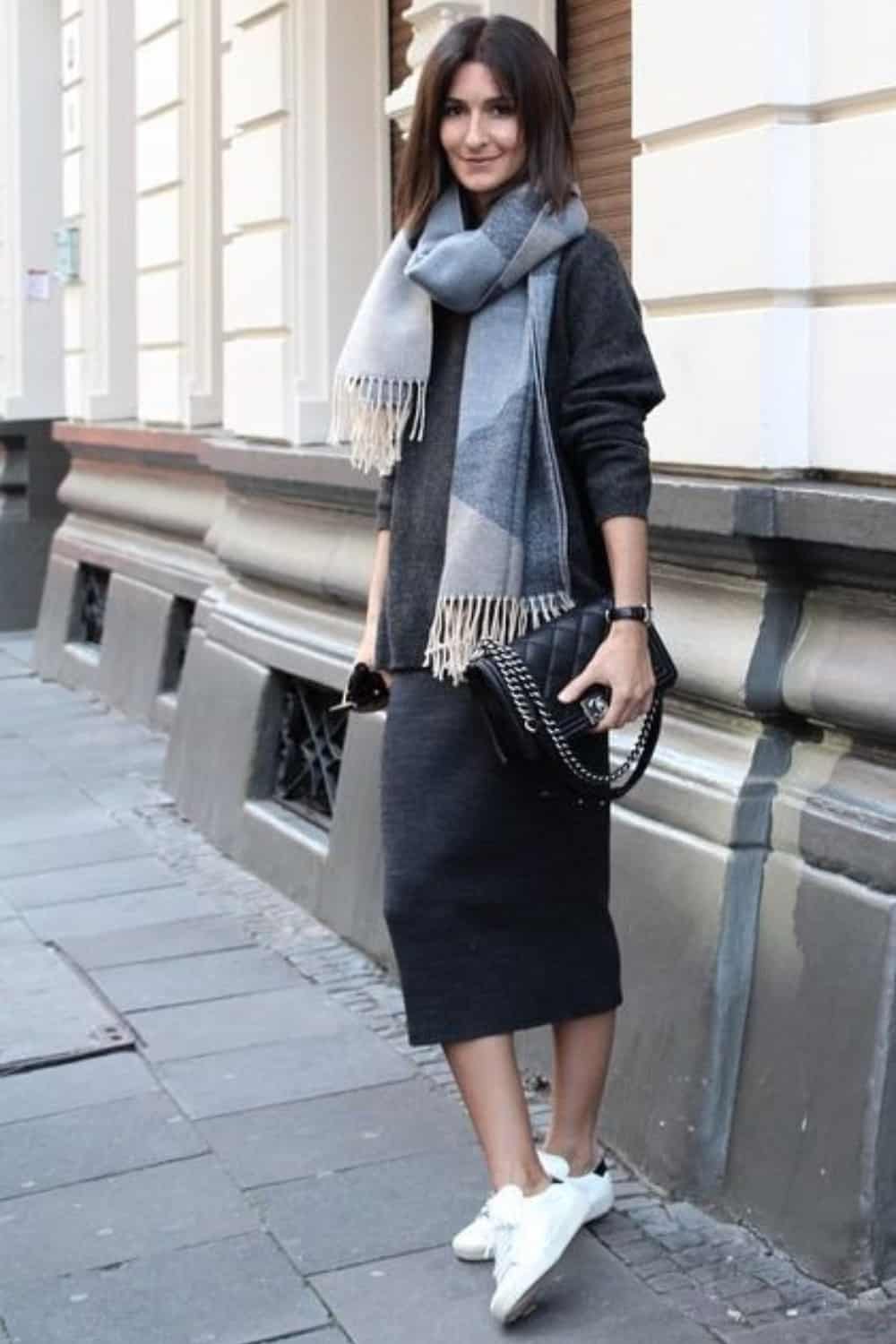 Accessorize a black dress with wool scarf