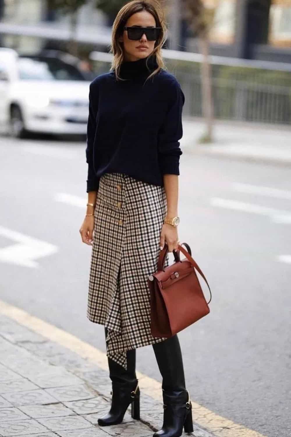 Black Turtleneck Sweater outfit with plaid skirt