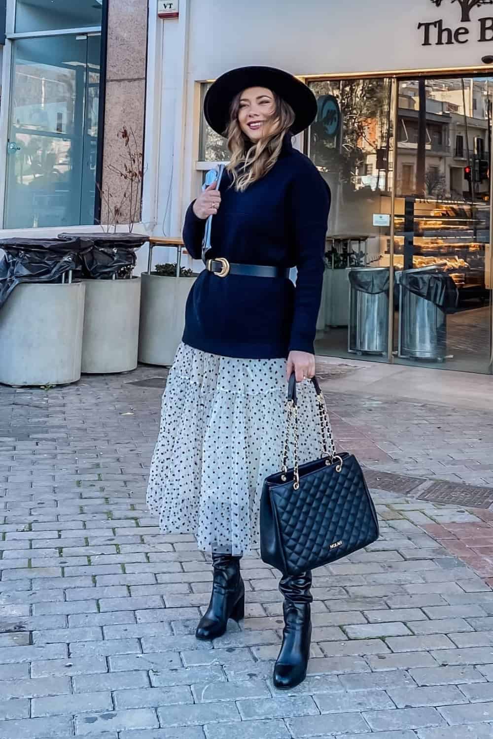 Black Turtleneck Sweater outfit with Midi Printed Skirt