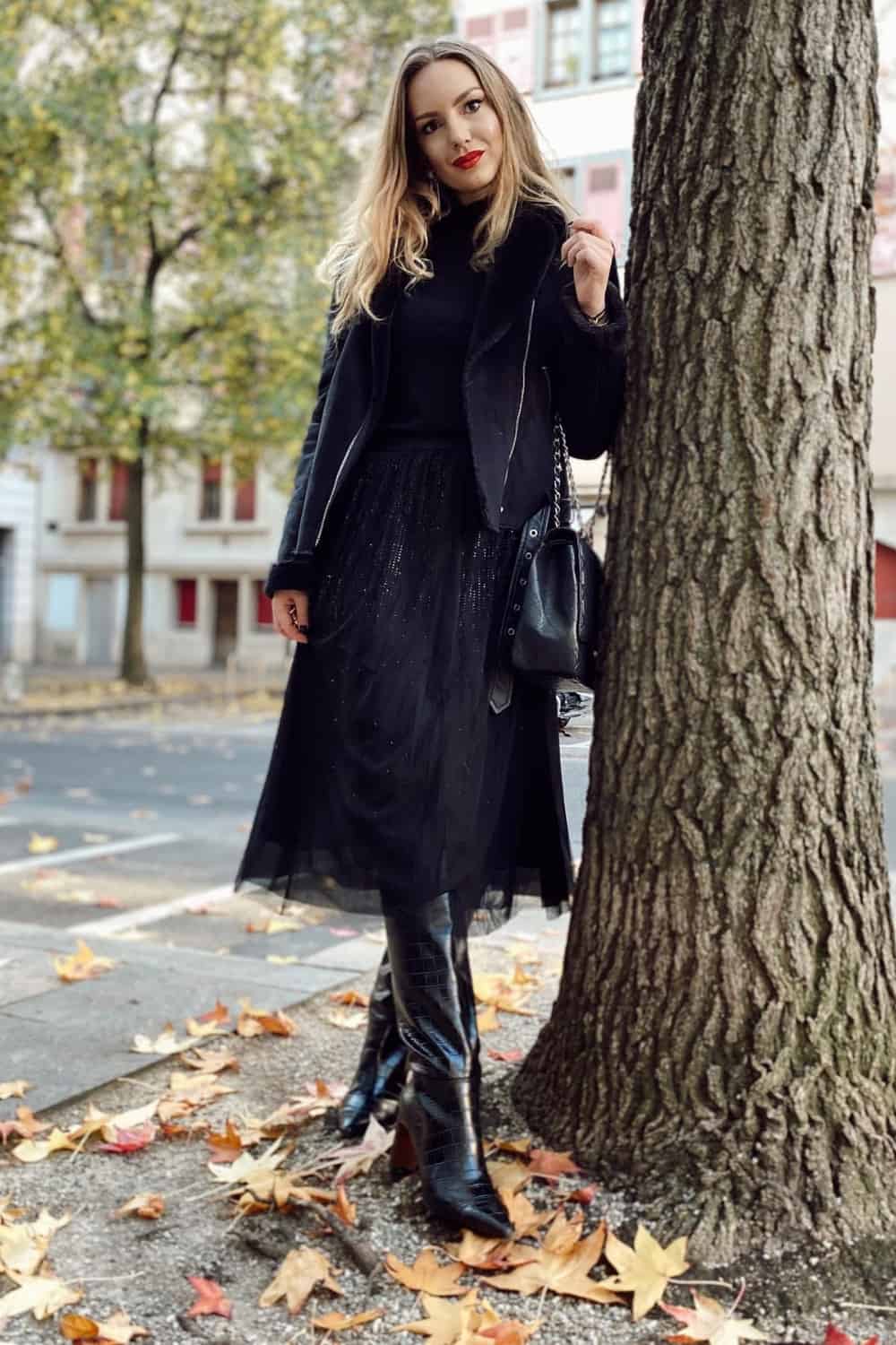 Black Turtleneck Sweater Outfit with Tulle Skirt