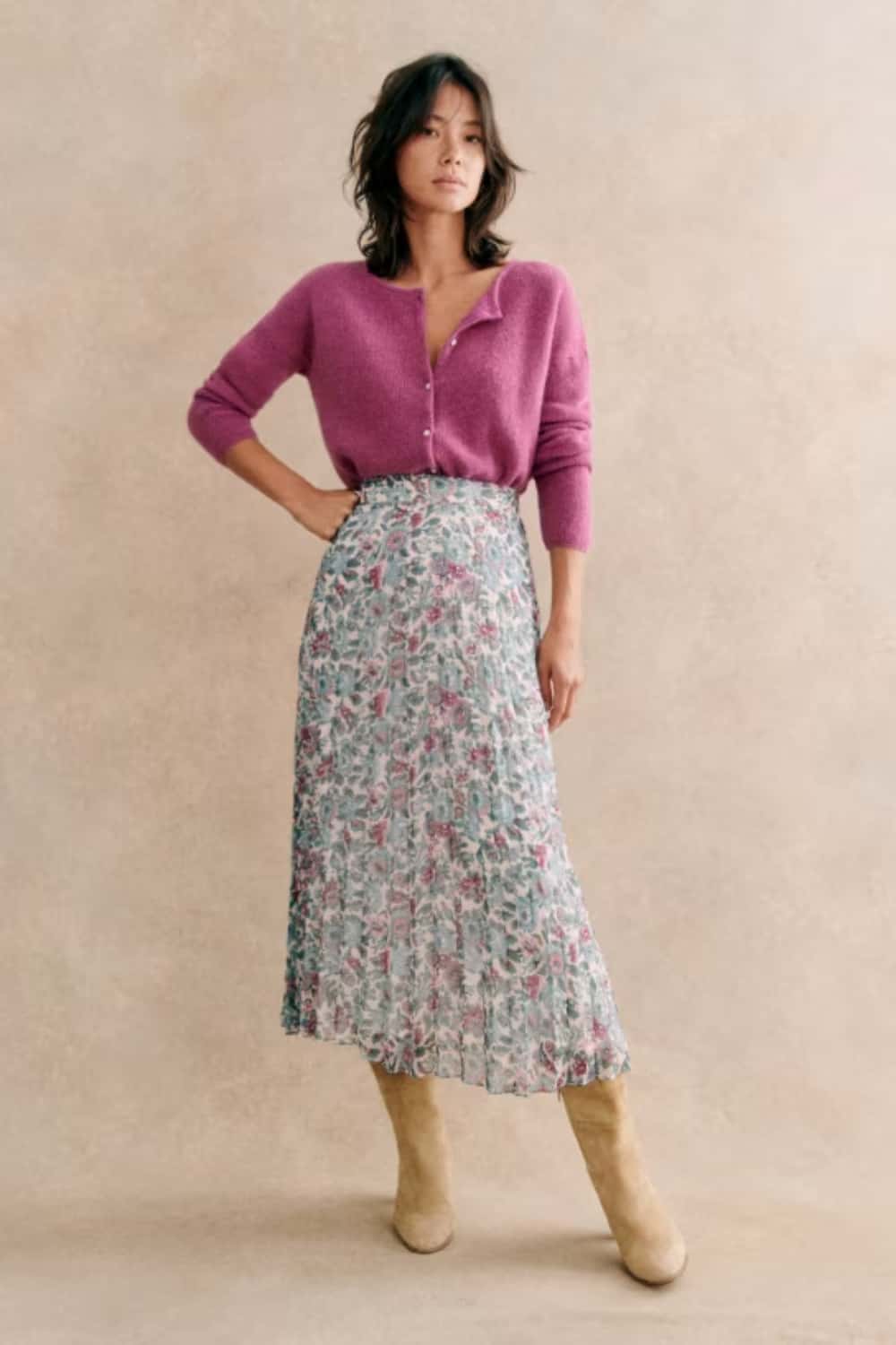 Casual Thanksgiving Outfit Idea - Printed Skirt With Cardigan