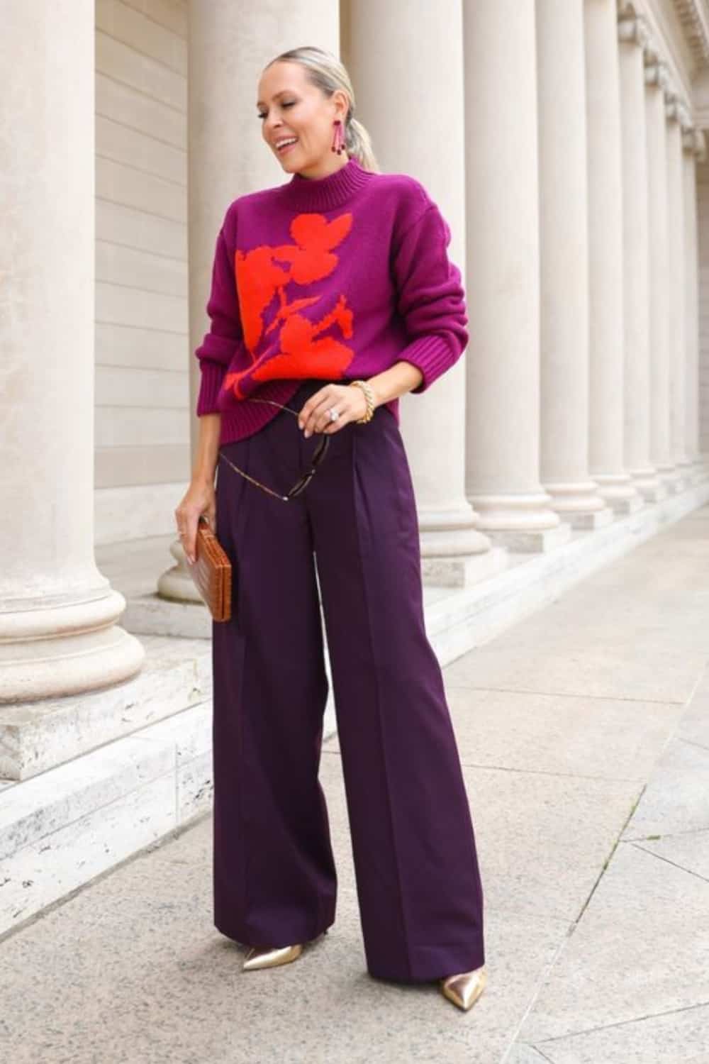 Casual Thanksgiving Outfit Idea - printed Sweater with Wide Leg pants