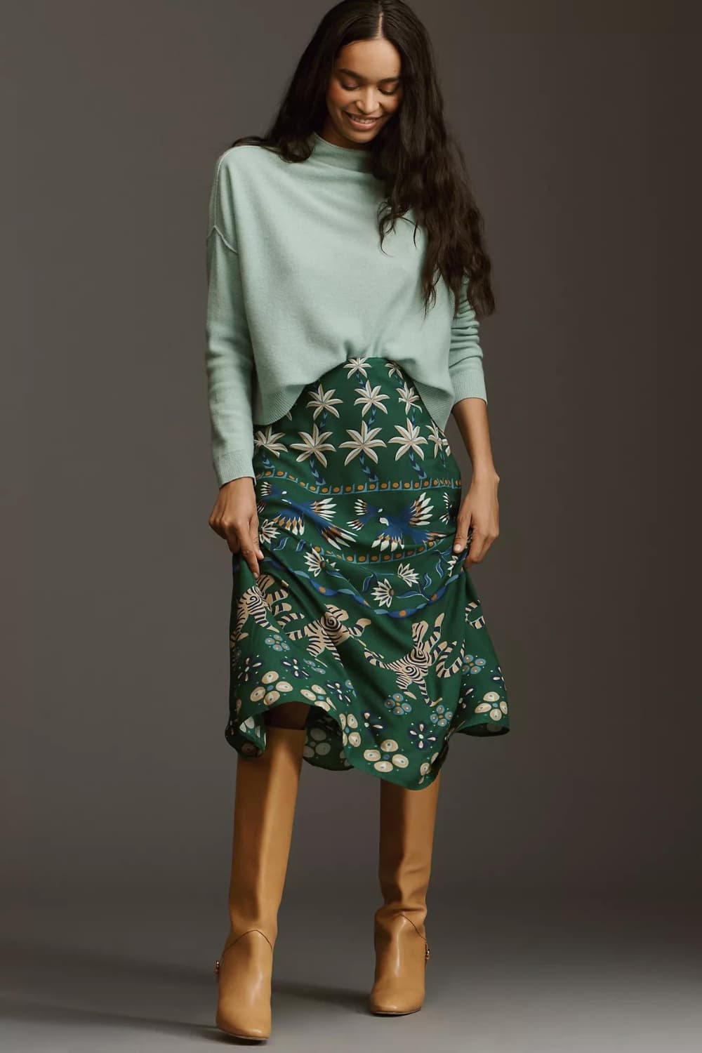 Casual Thanksgiving Outfit Idea - Printed Satin skirt with oversized sweater