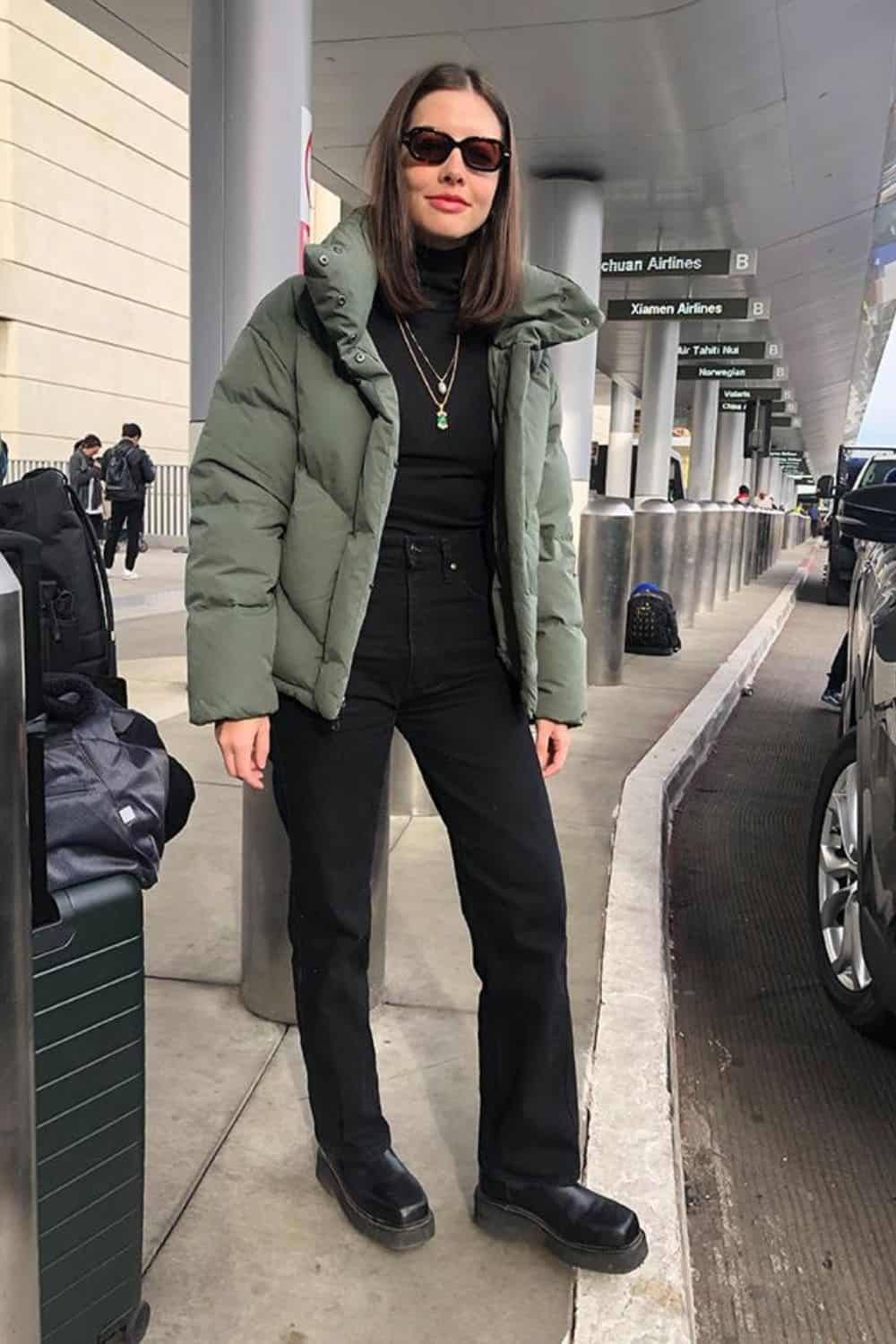 winter Airport outfit with puffer jacket