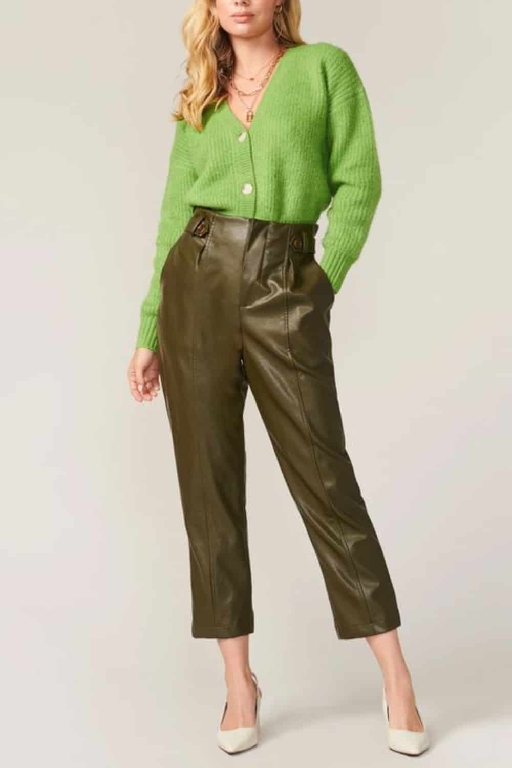 Bar Outfit for Ladies - V Neck Cardigan with Leather Pants