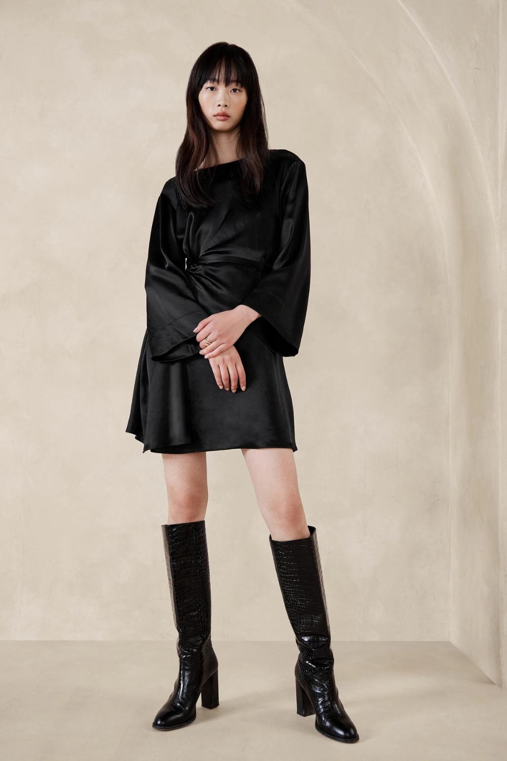 Bar outfit for ladies - Satin Dress and Knee High Boots