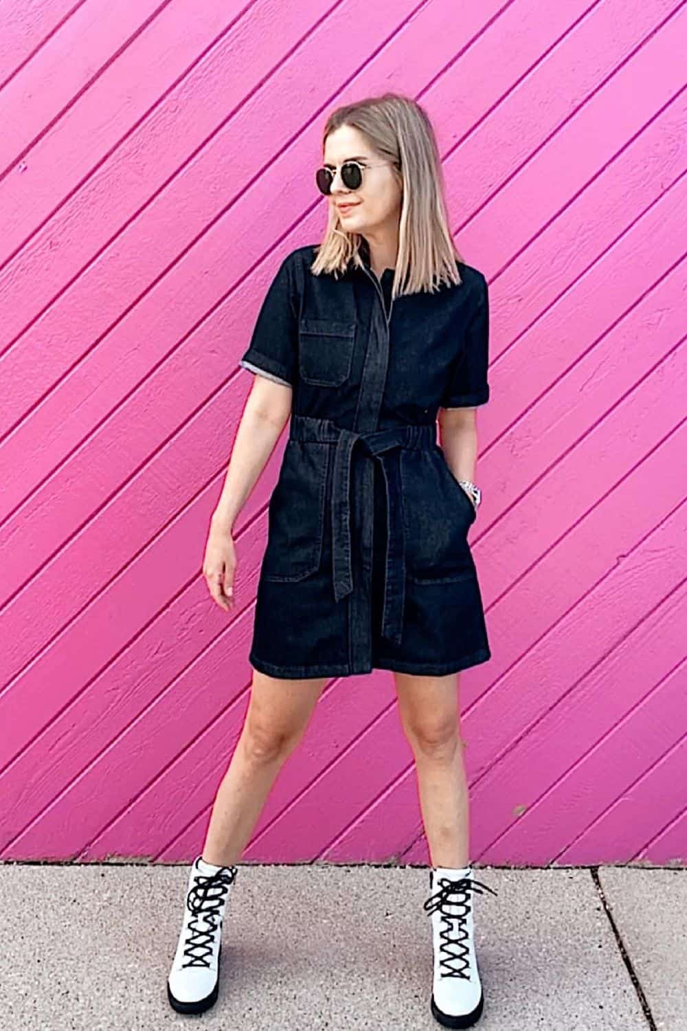 Combat Boots Outfit With Denim Dress