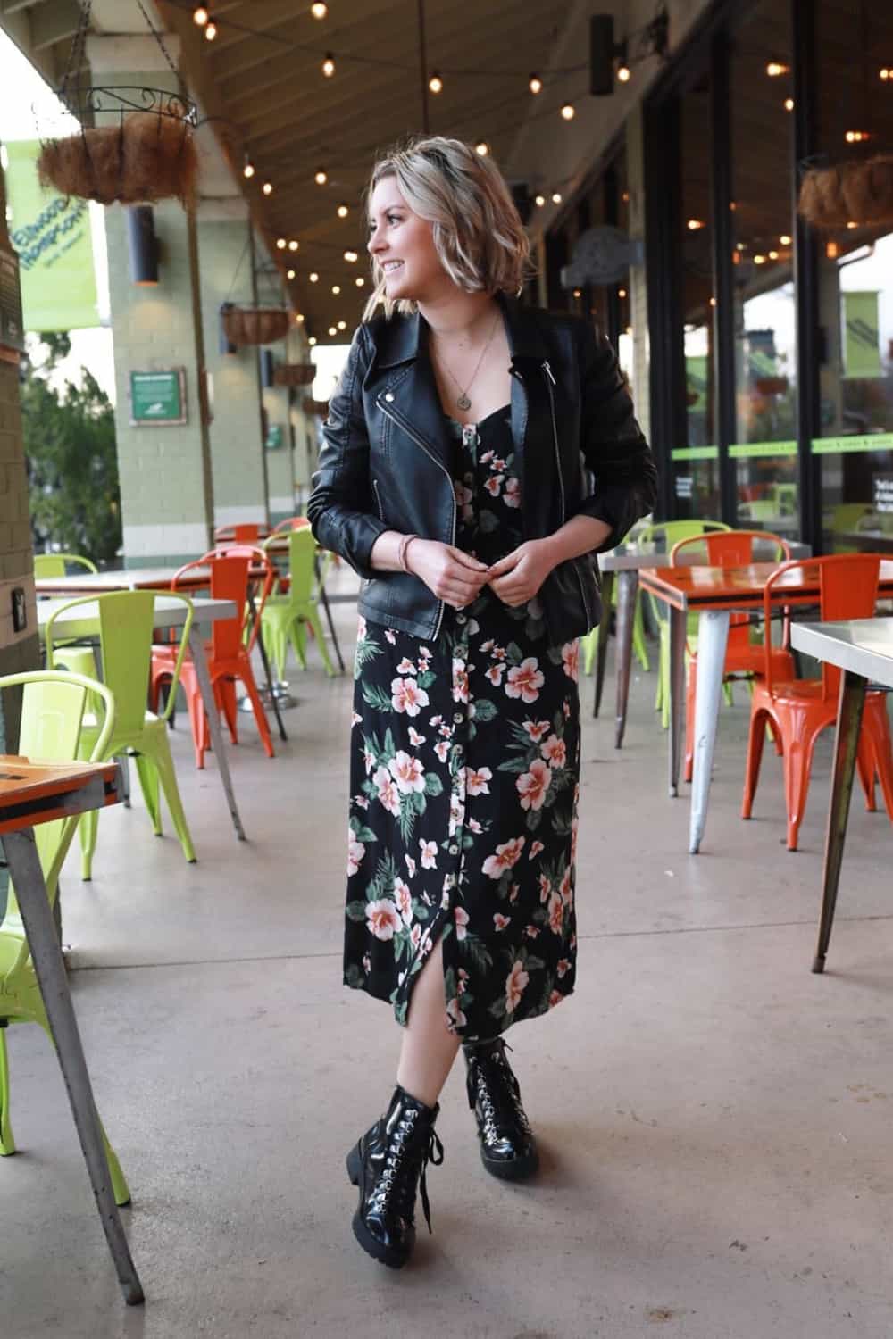 Combat boots outfit with floral dress