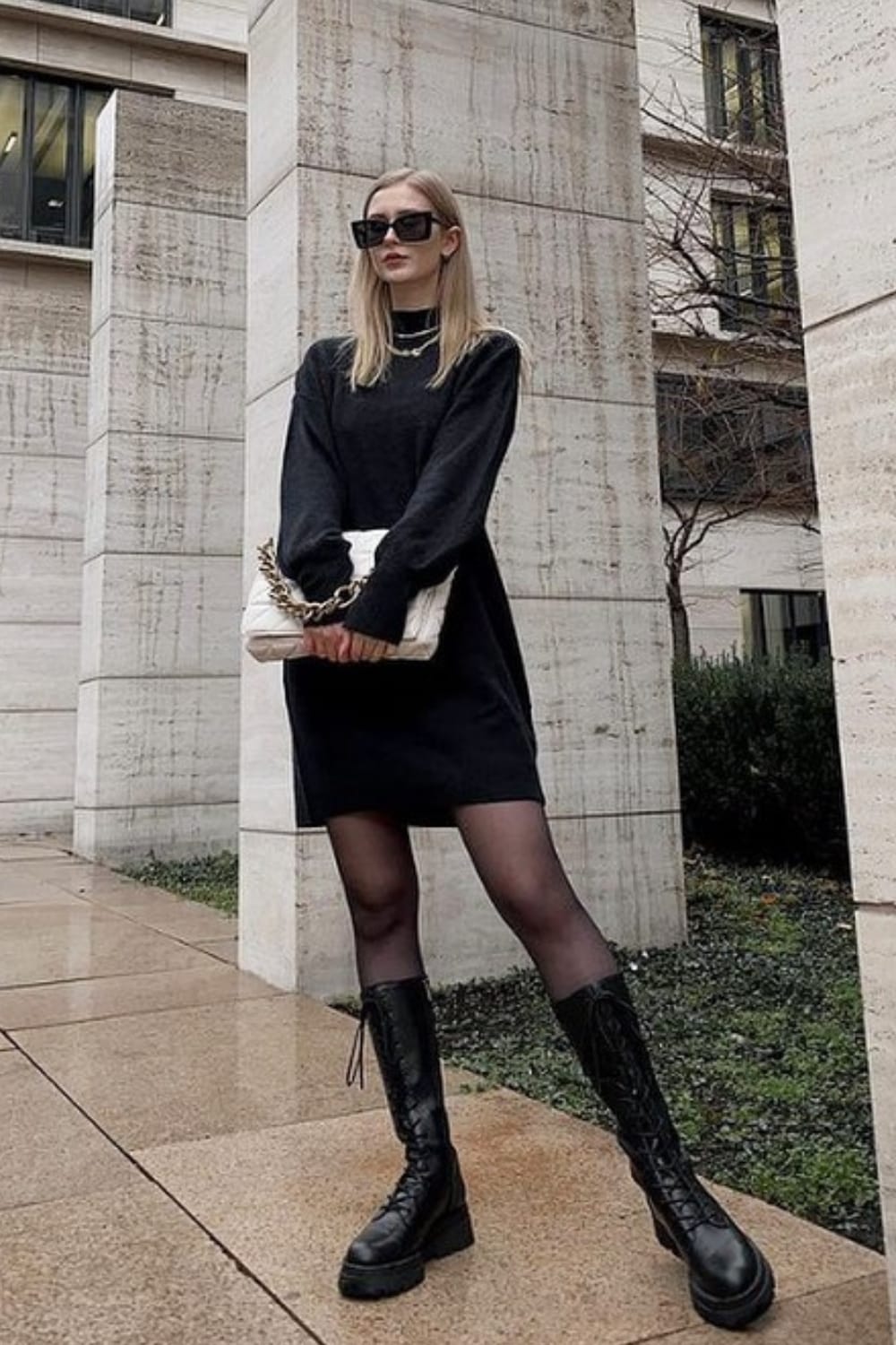 Combat boots outfit with sweater dress