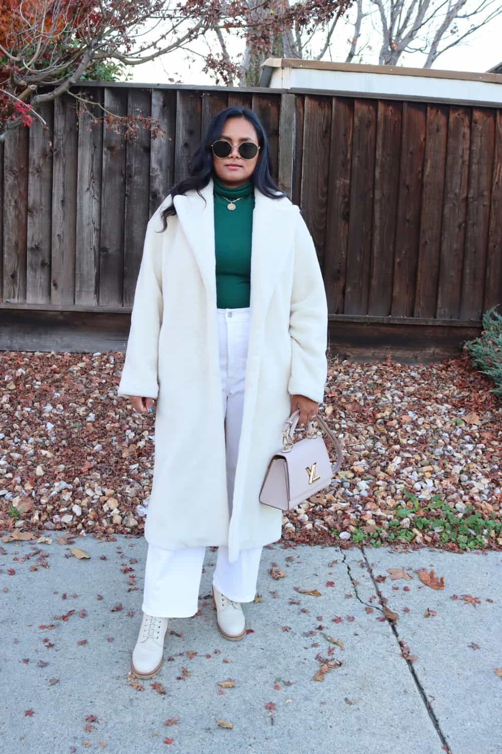 Combat Boots outfit with white faux fur coat