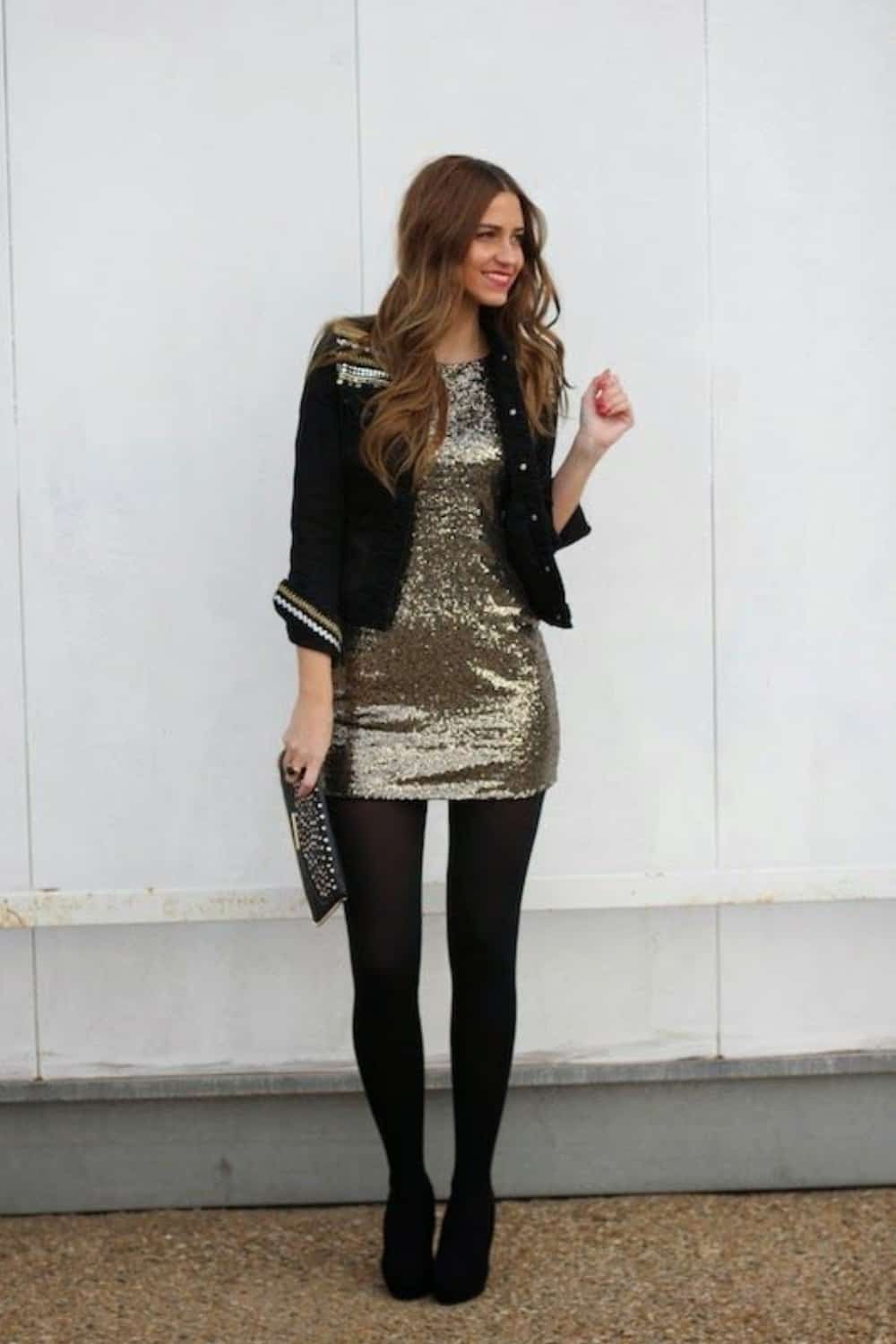 Opaque tights with sequin dress