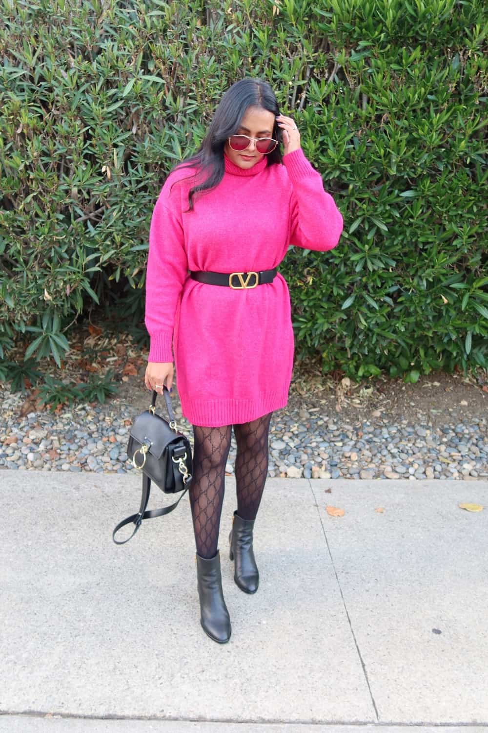 Patterned tights with sweater dresses