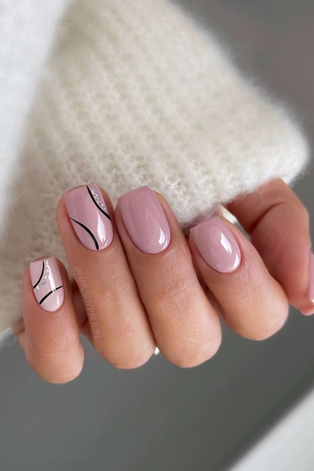 Pink Nails With Black Design