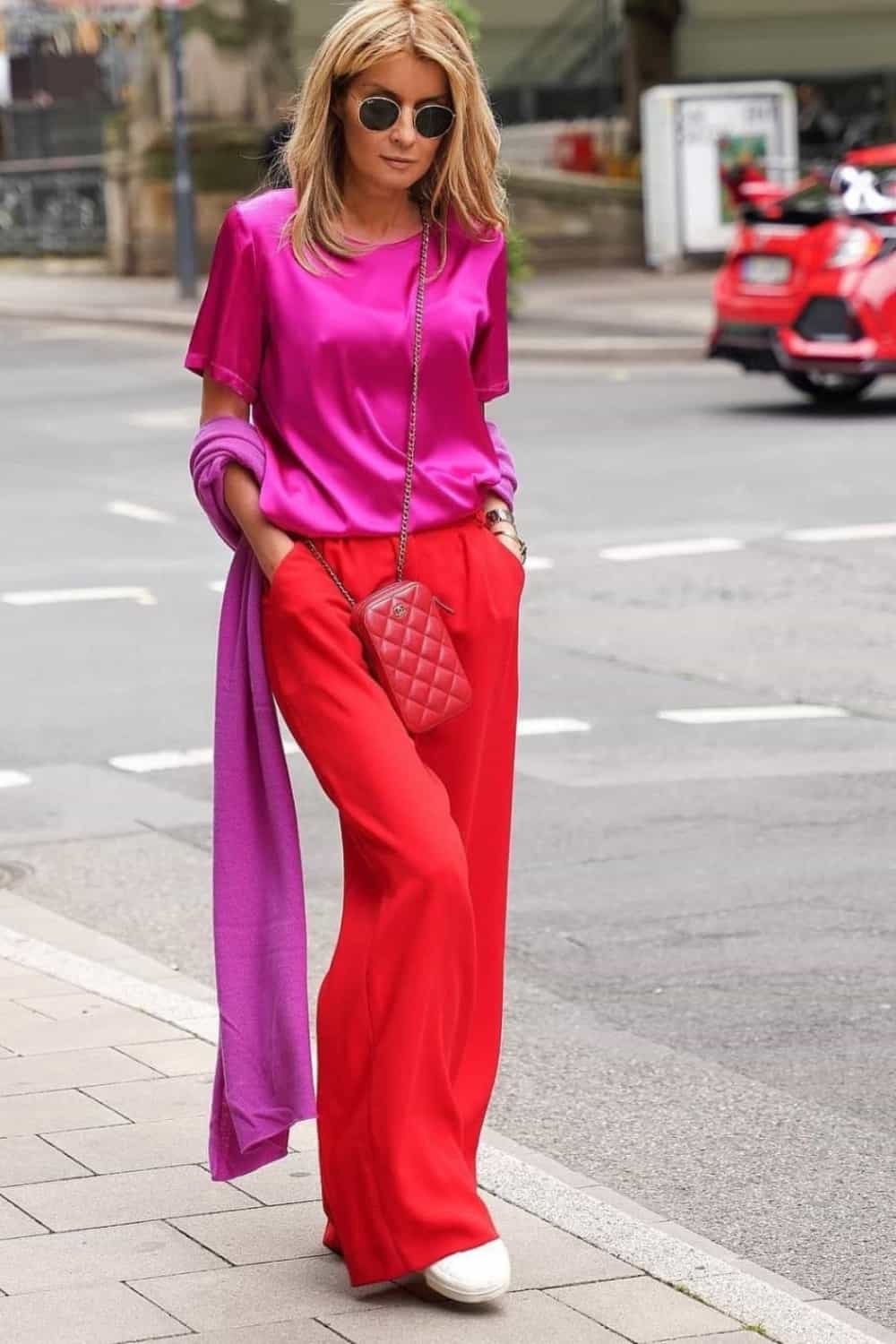 Red pants outfit with satin top