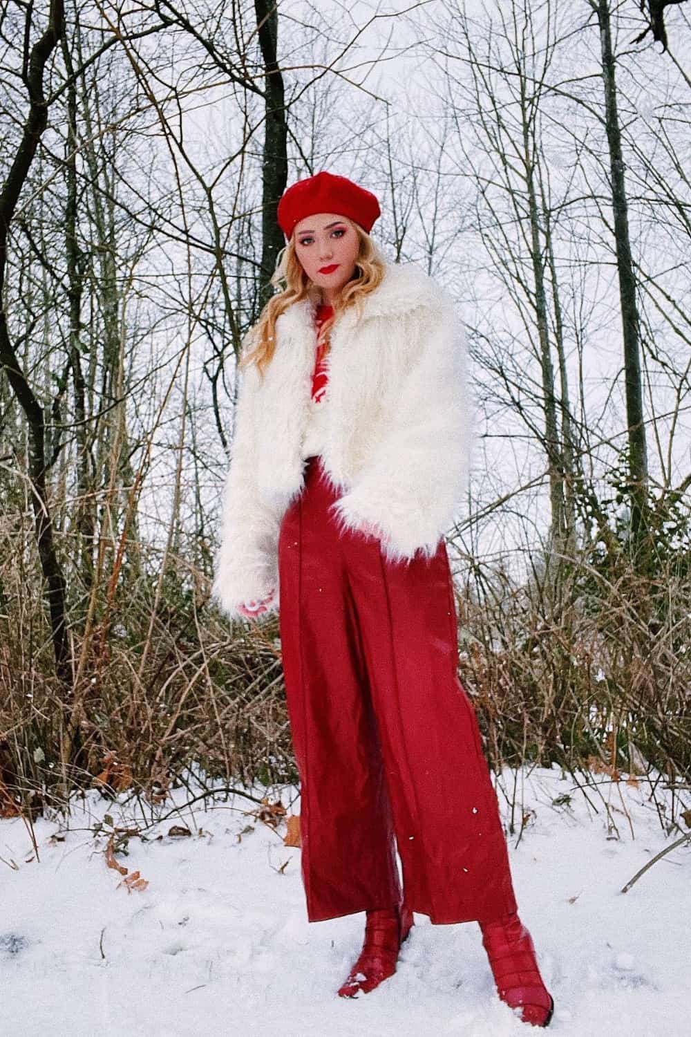 Red pants outfit with red faux fur jacket