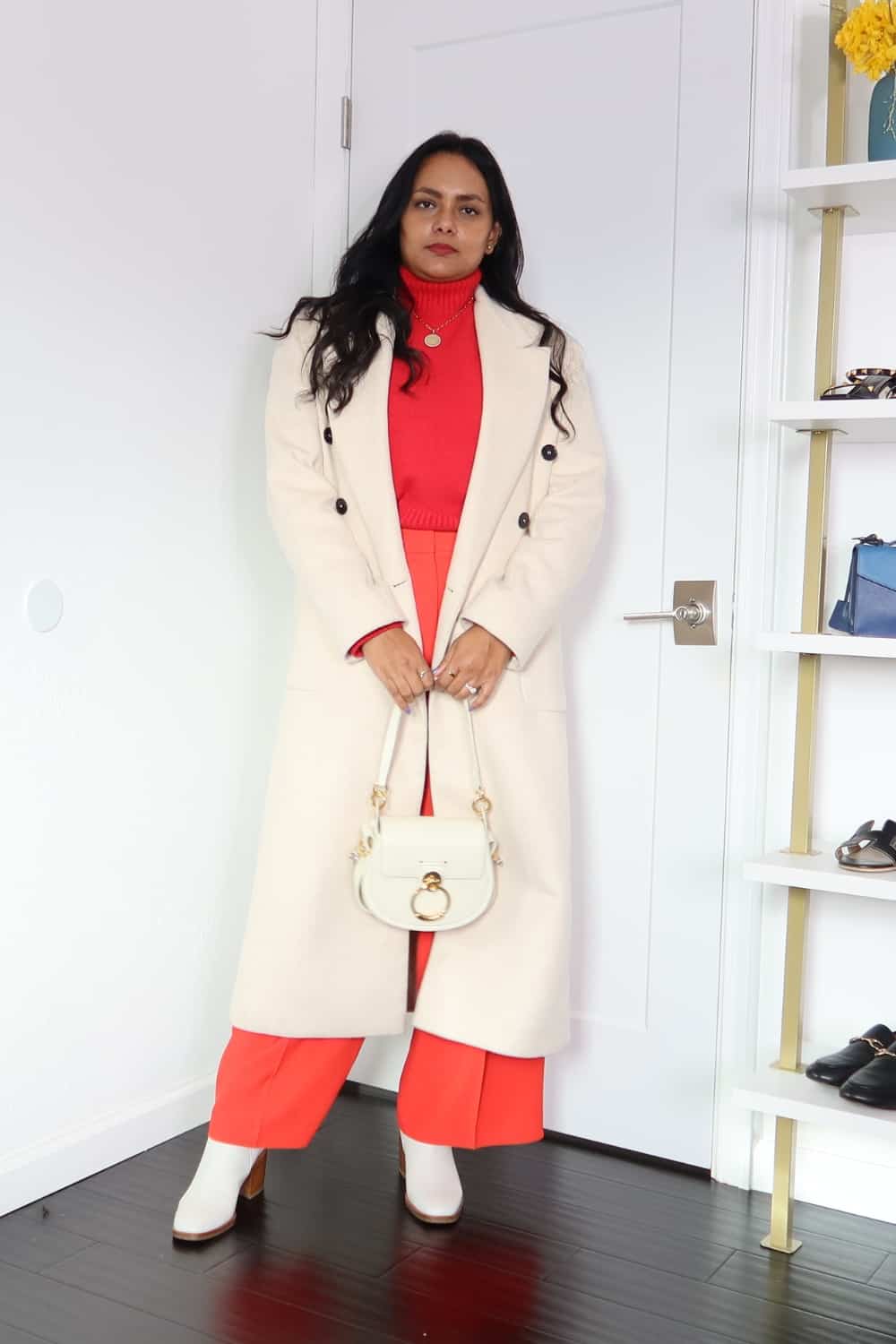 Red pants outfit with red coat