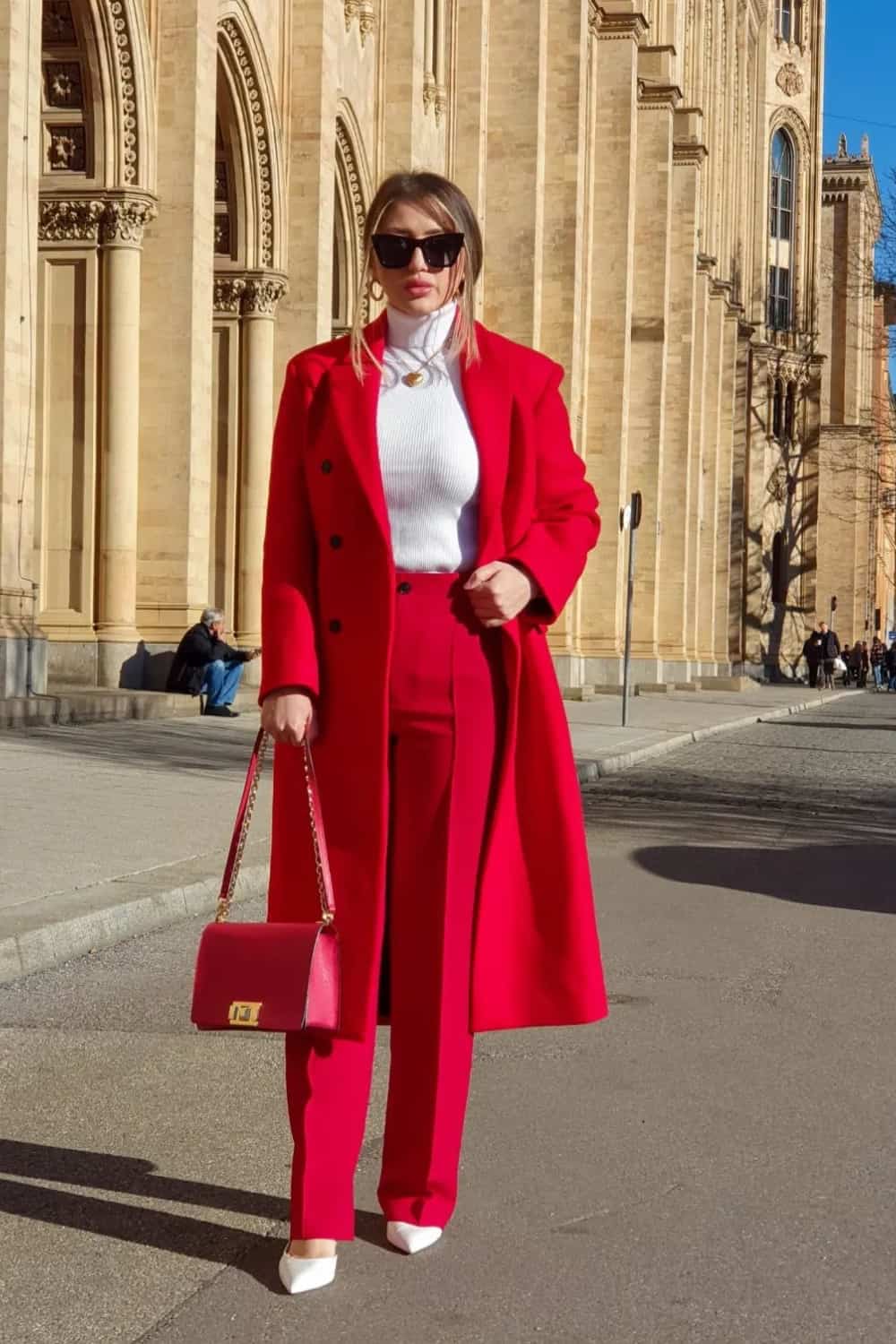 Red pants outfit with red and white coat