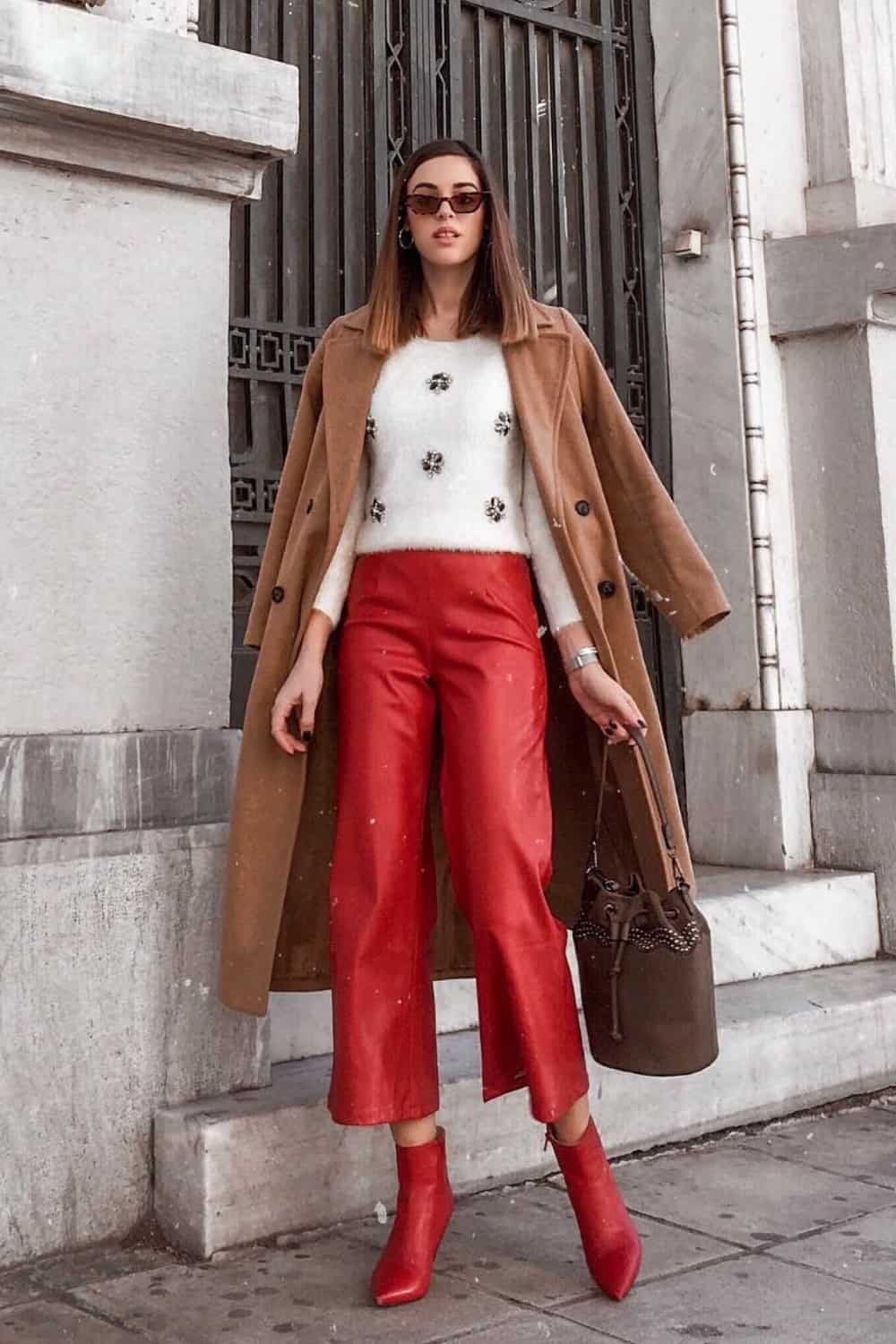 Red pants outfit with embellished sweater
