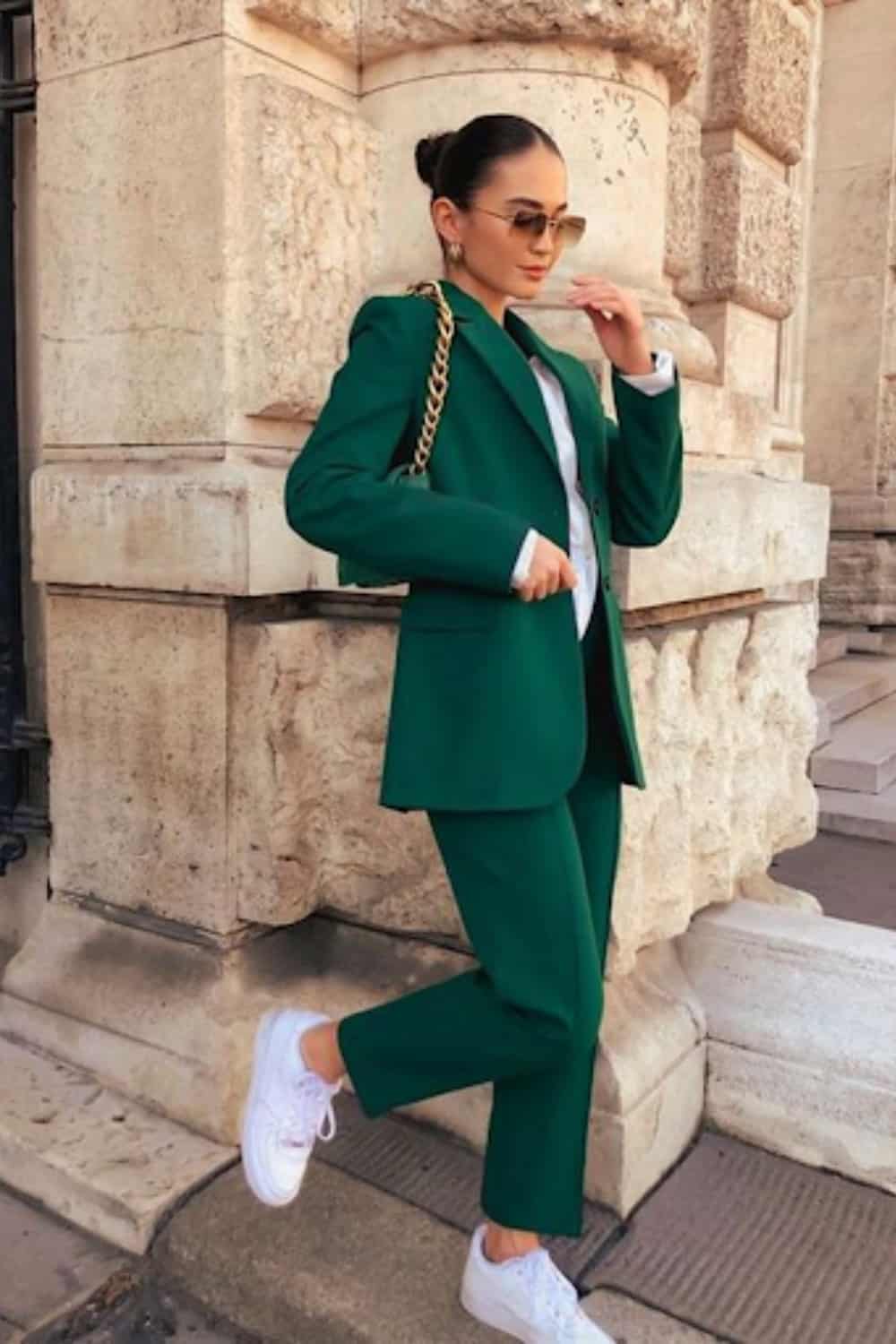 casual work outfits with sneakers - with green blazer