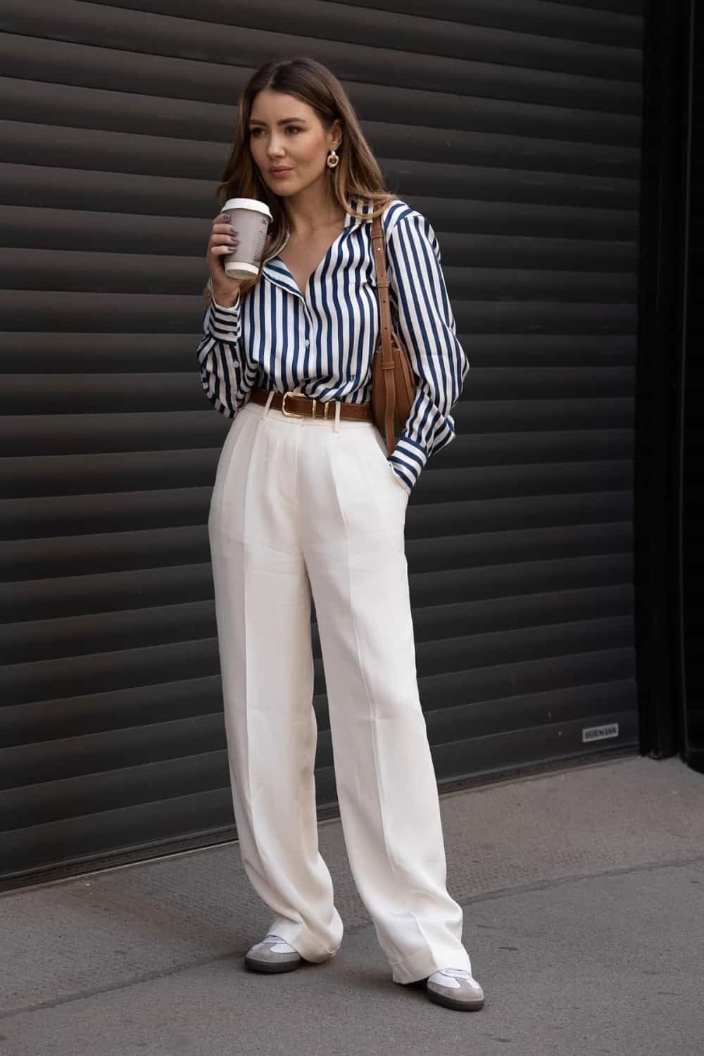 casual work outfits with sneakers - Striped Shirt and White Pants