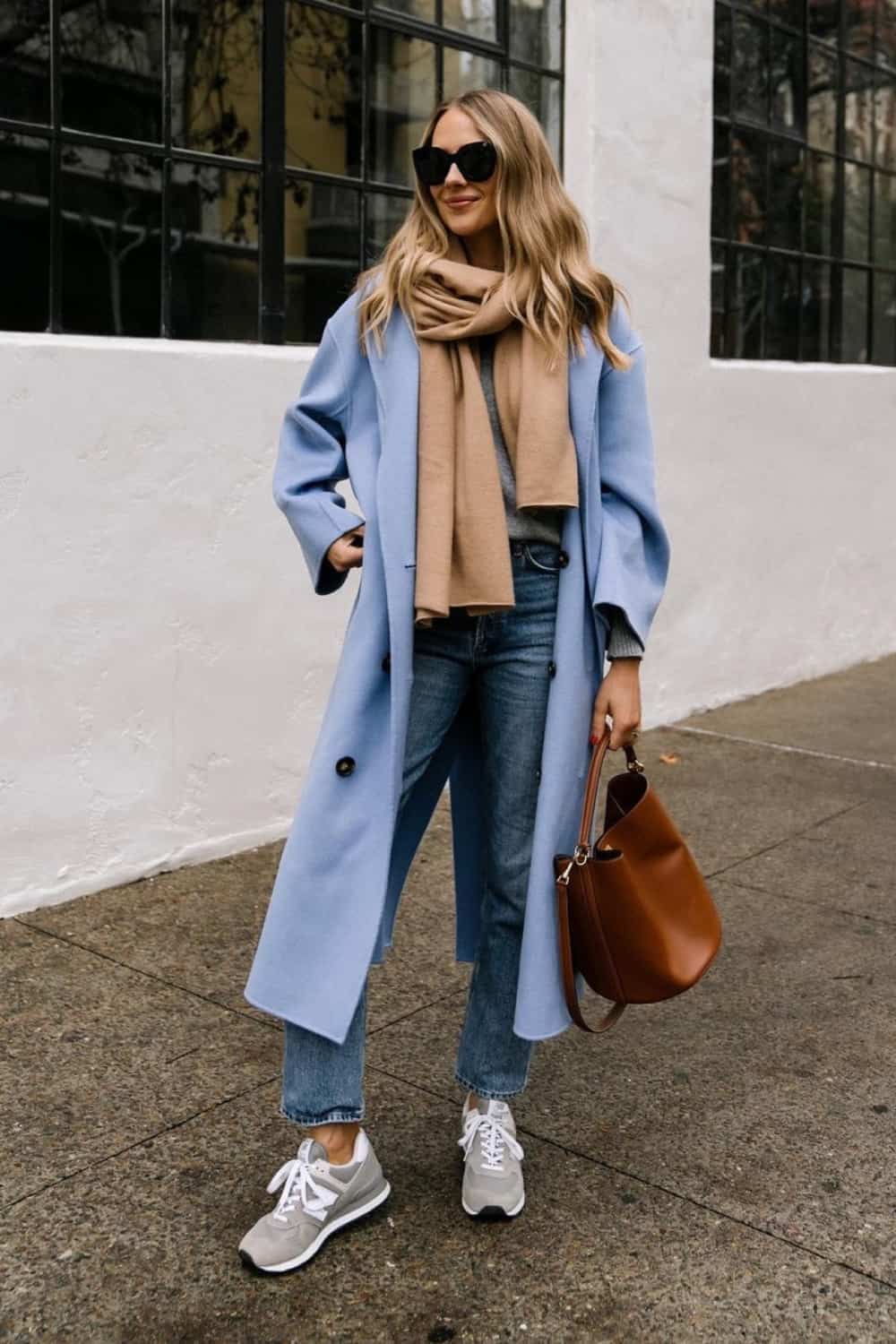 casual work outfits with sneakers - Blue coat and jeans
