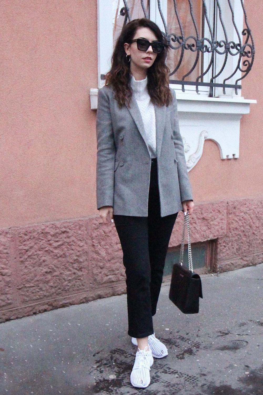 casual work outfits with sneakers - with gray blazer