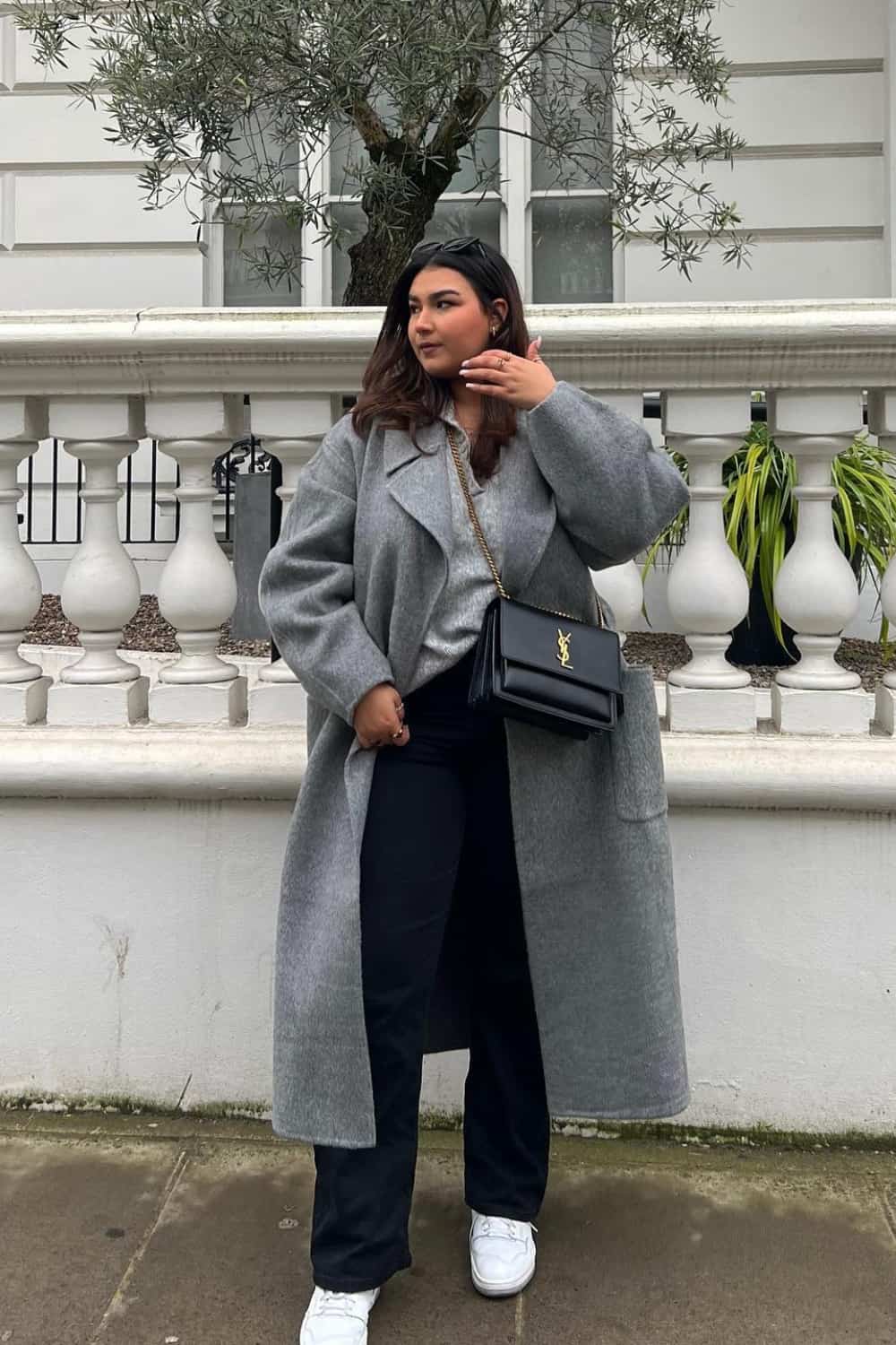 casual work outfits with sneakers - with gray coat