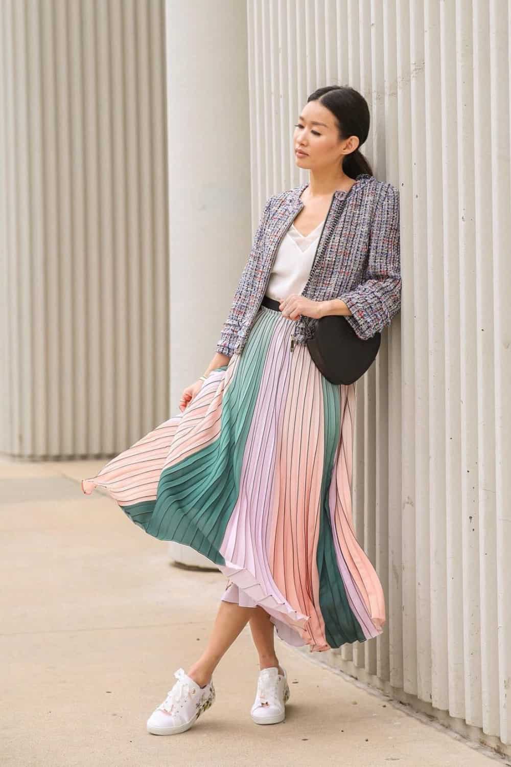 casual work outfits with sneakers - with pleated skirt