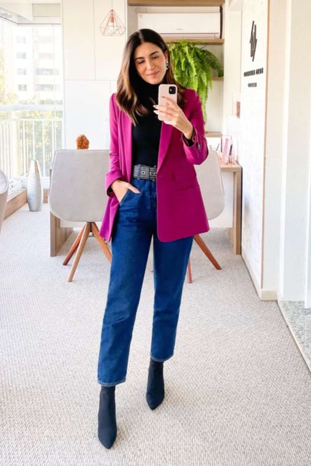 Fuchsia blazer with jeans outfit