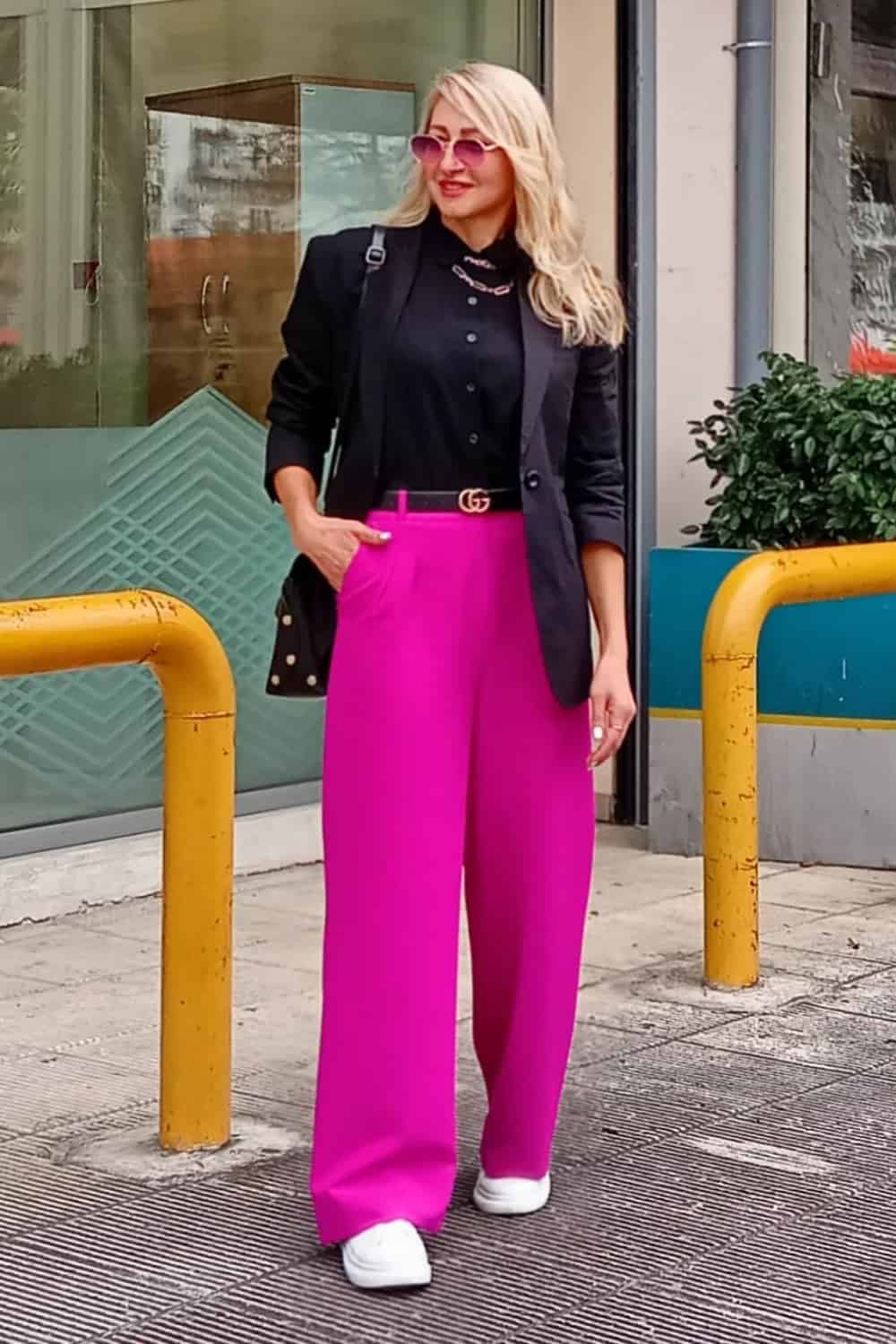 Classy Fuchsia Pants with black blazer outfit