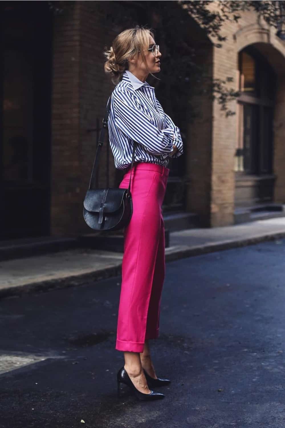 Classy Fuchsia Pants and Striped Shirt Outfit