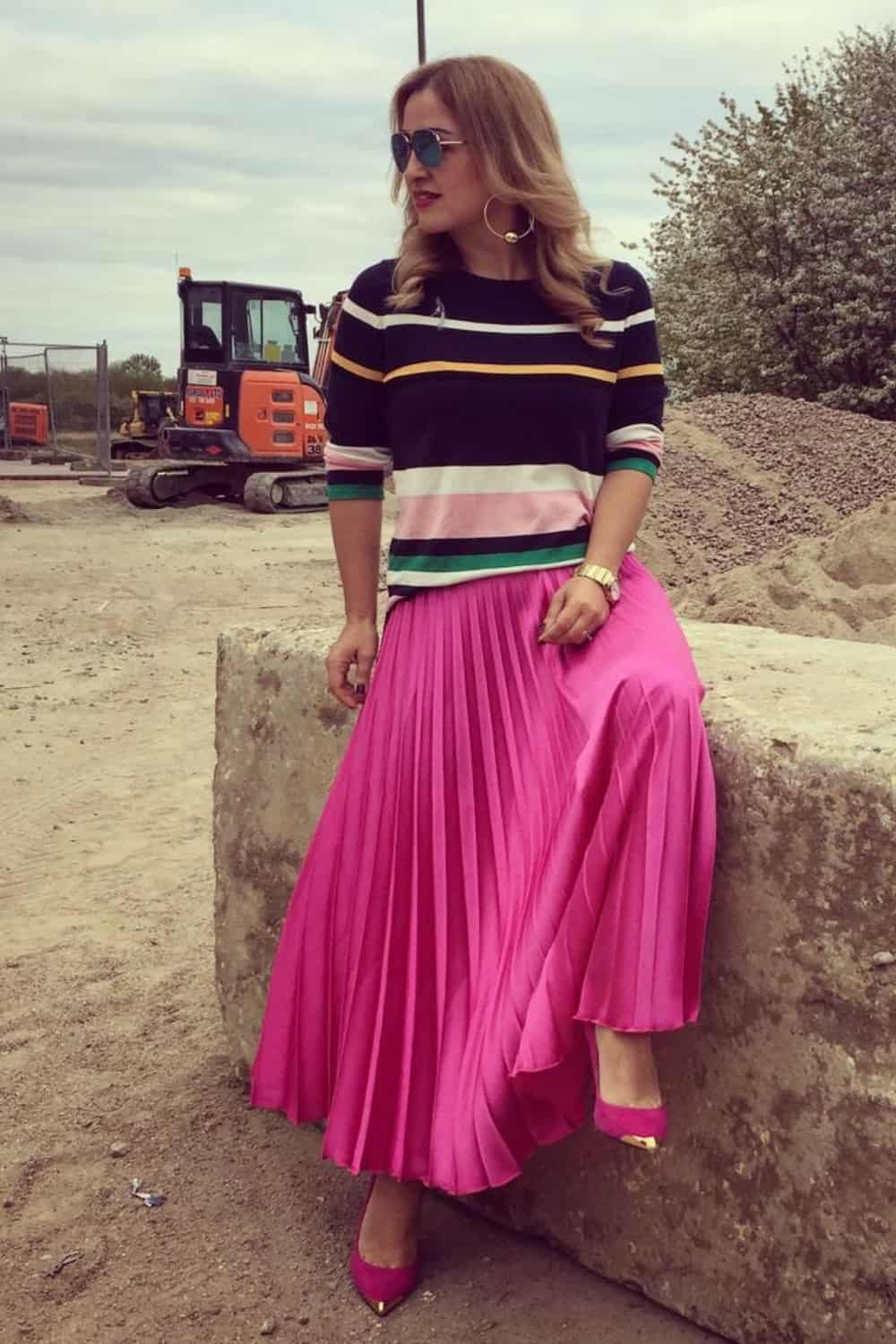 Classy Fuchsia Pleated Maxi Skirt outfit with Striped Sweater