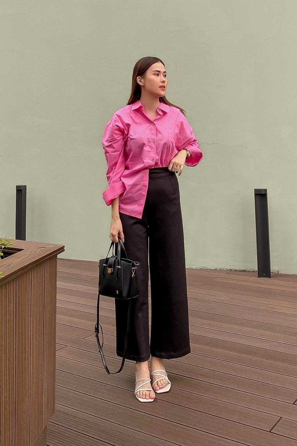 Classy Fuchsia button down shirt with Black Pants Outfit