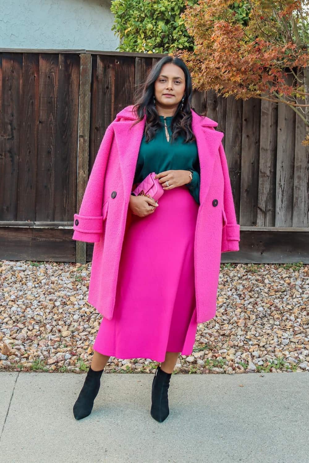 Classy Fuchsia Sweater Skirt outfit with Satin top and Fuchsia coat