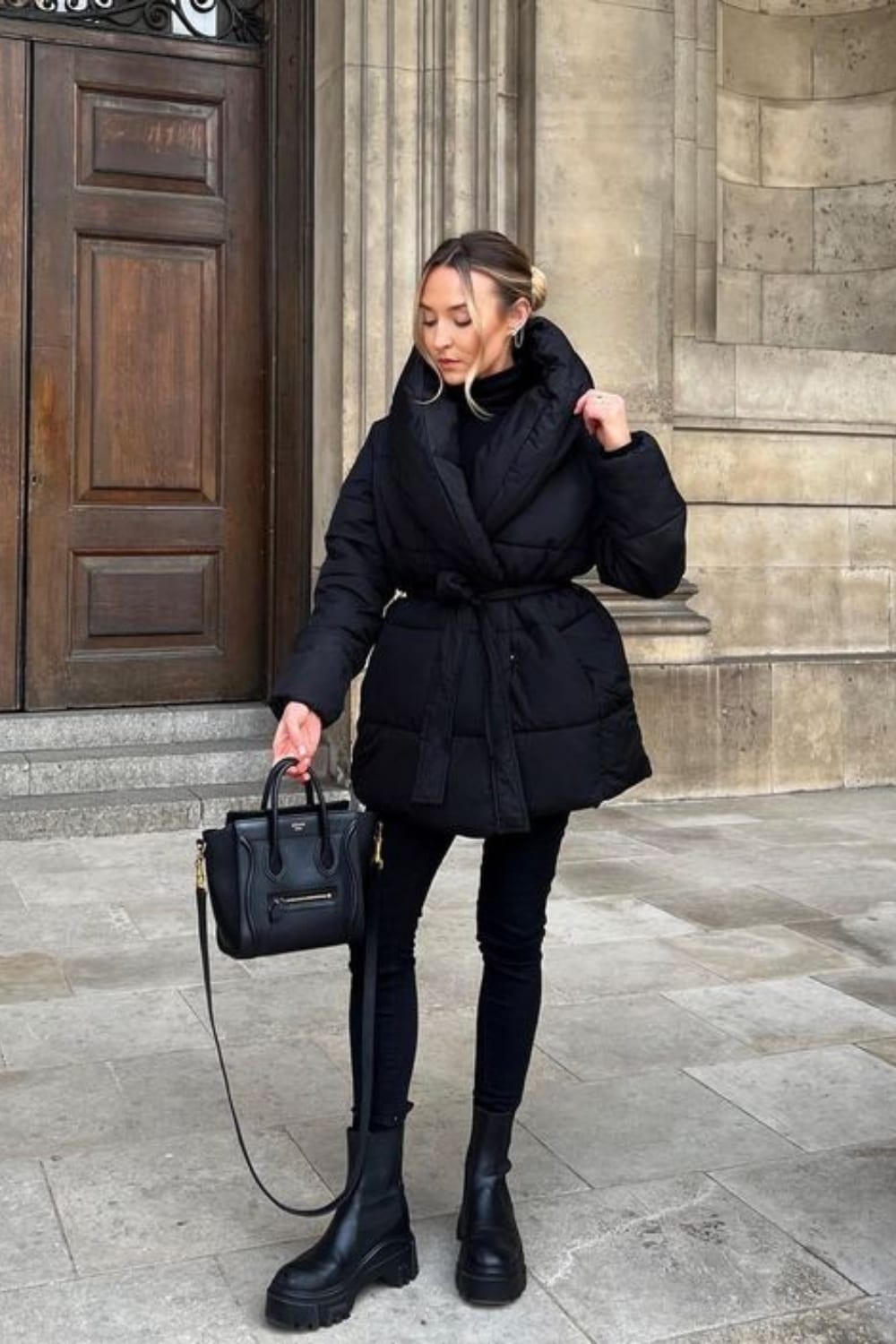 Wearing belted puffer with athleisure