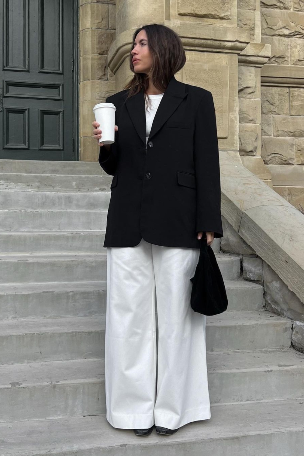Black Blazer with white jeans and white tee outfit for work