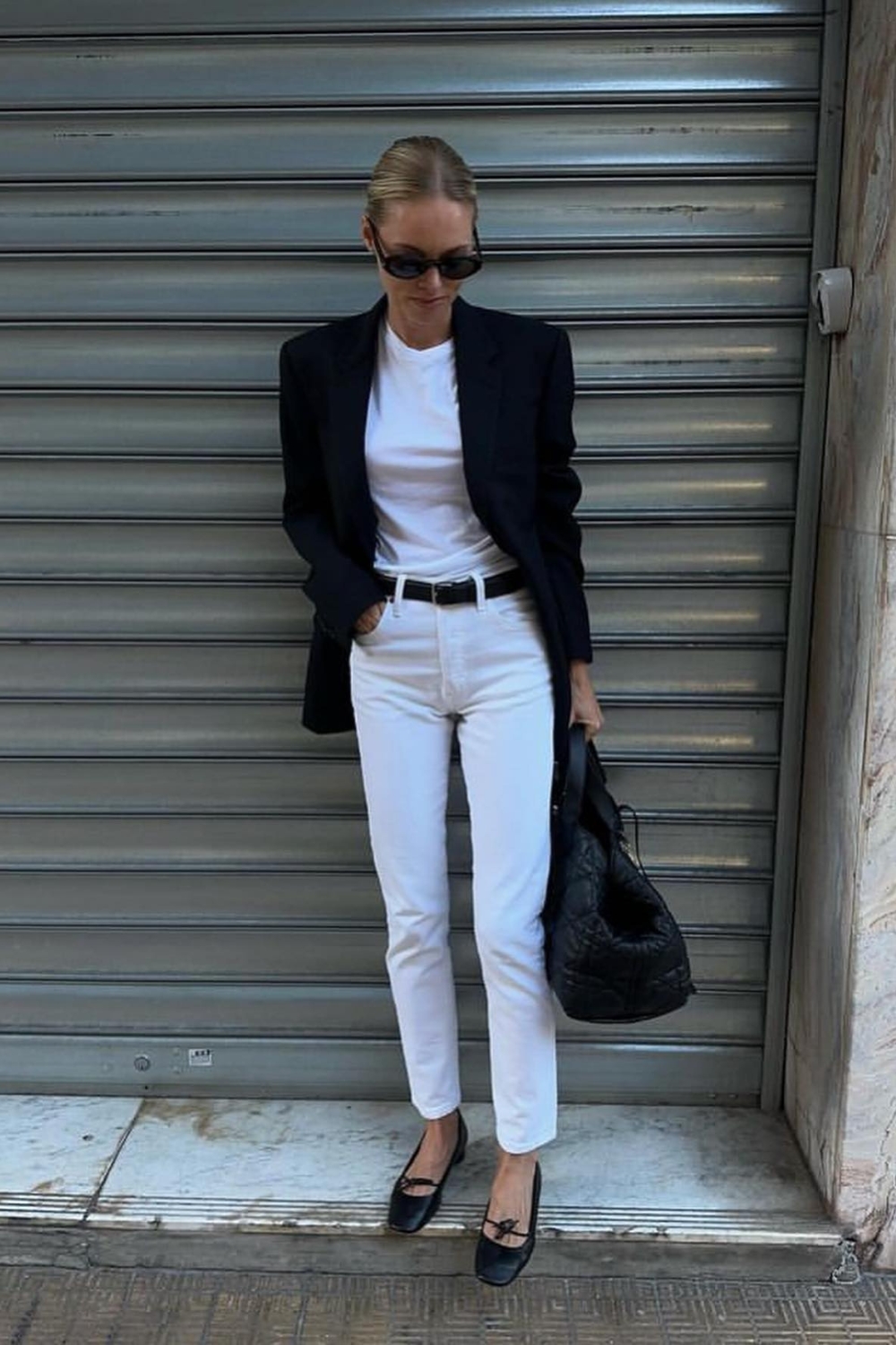 Black blazer with white jeans outfit for work