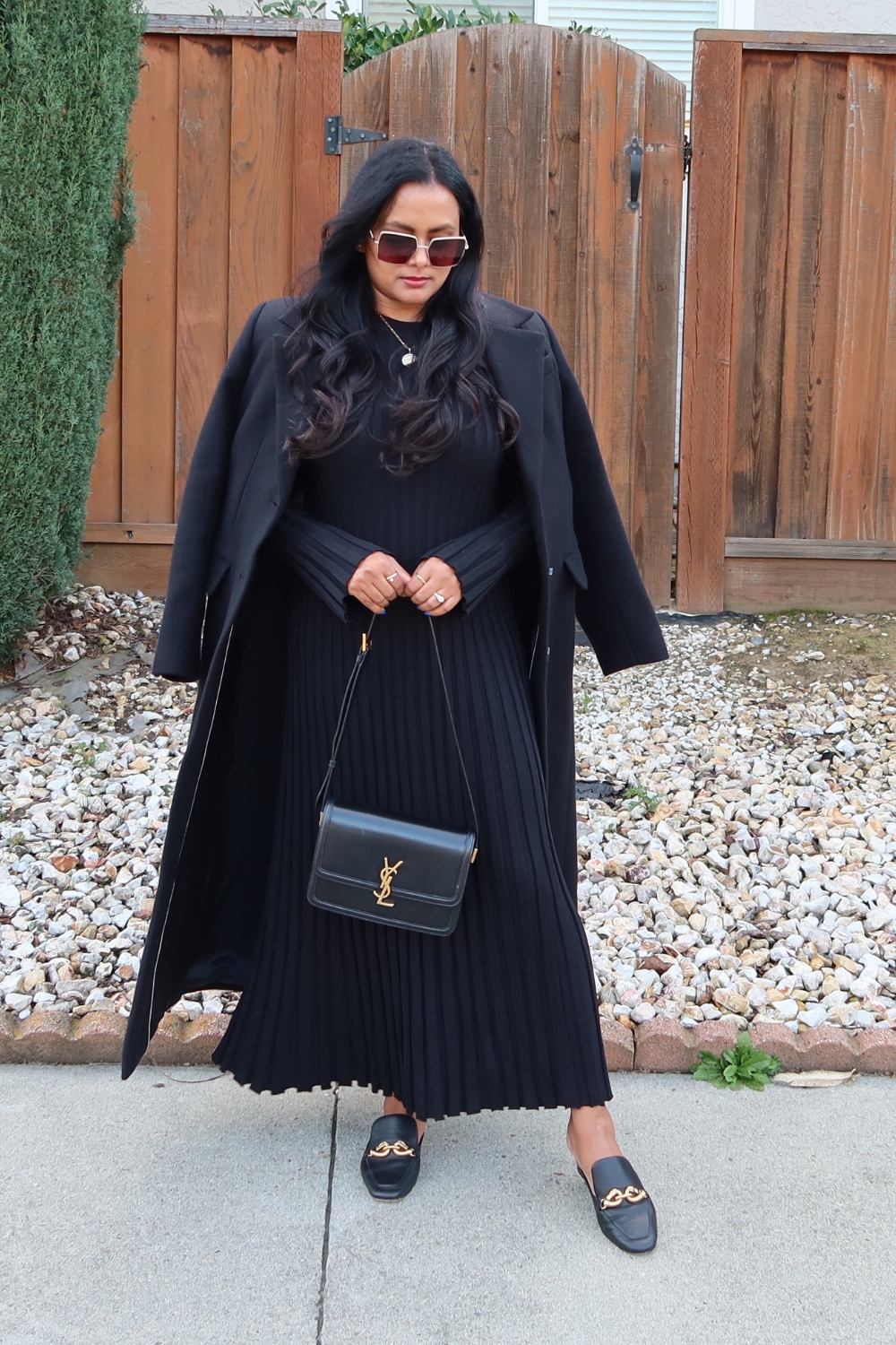 Black Long Dress with Black Coat outfit