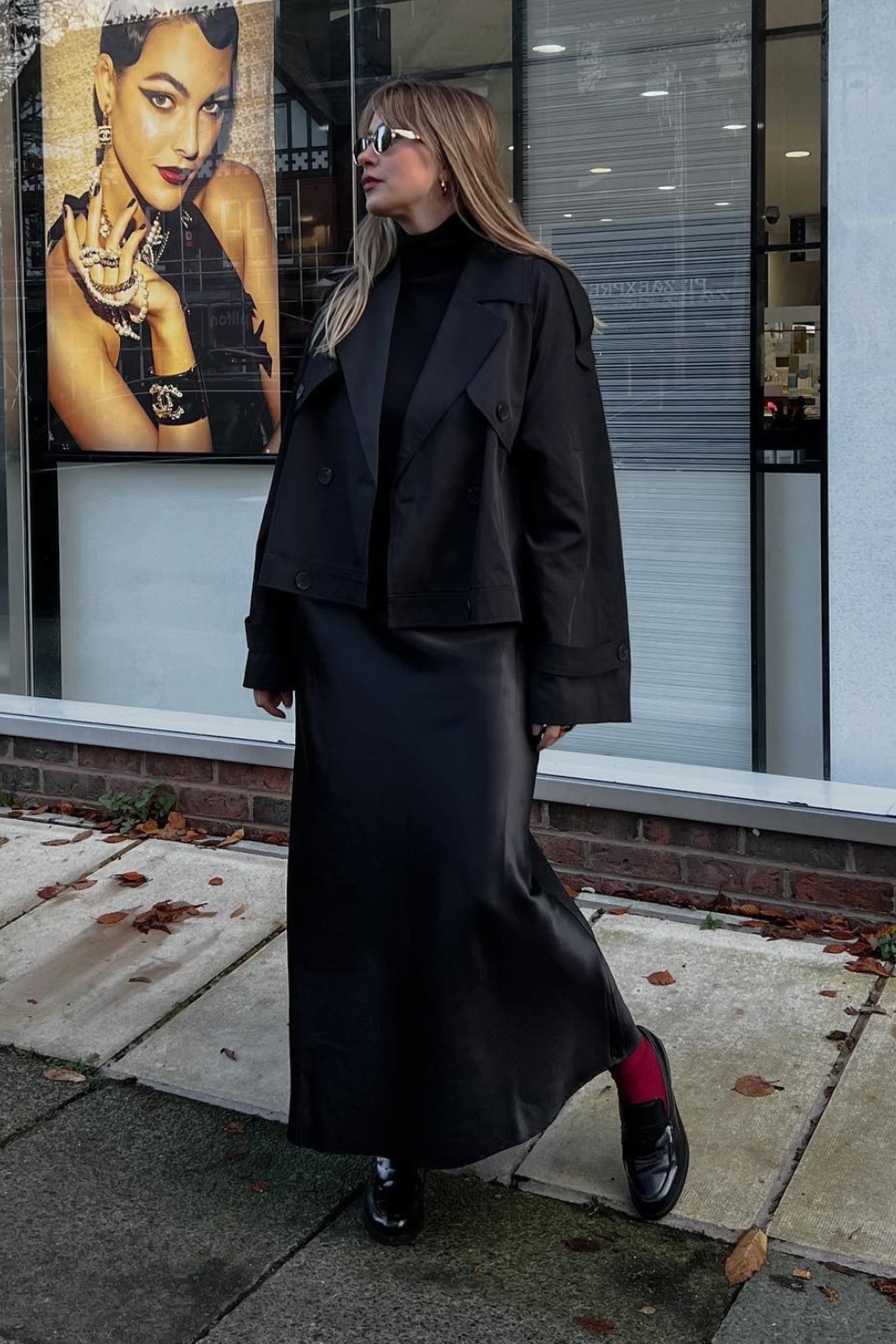 black monochrome outfits - Black Satin skirt with black jacket and sweater
