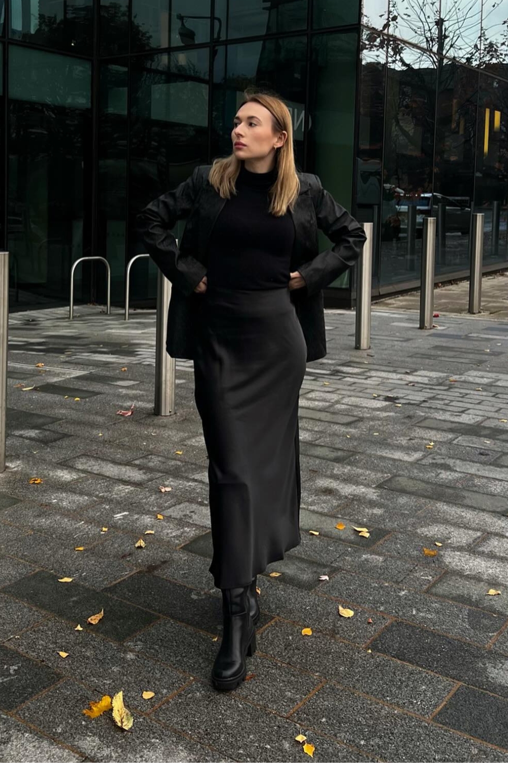 Black Satin Skirt with Black Blazer and Black Sweater Outfit