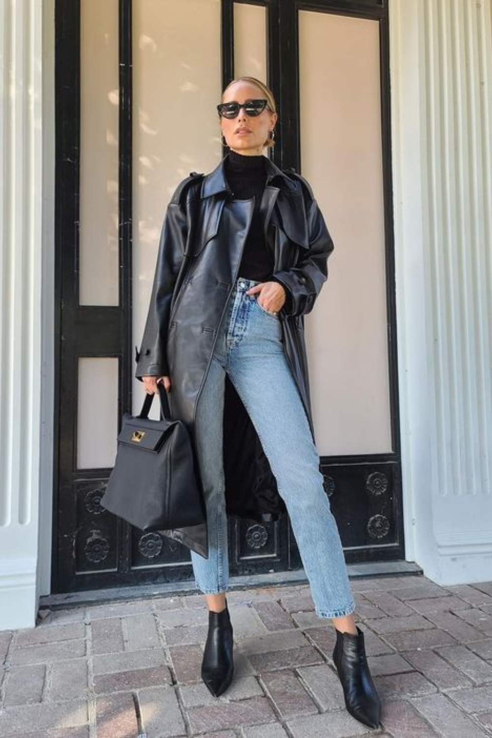 Black Sweater Outfit with black trench coat