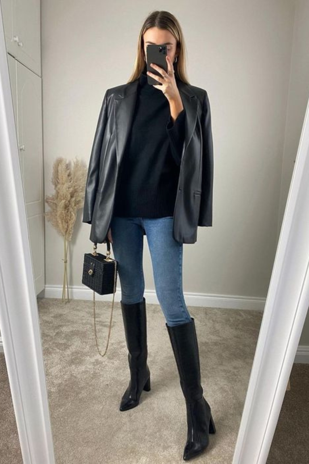 Black sweater outfit with leather blazer
