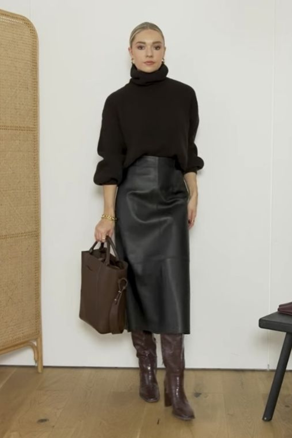 Black sweater with leather skirt