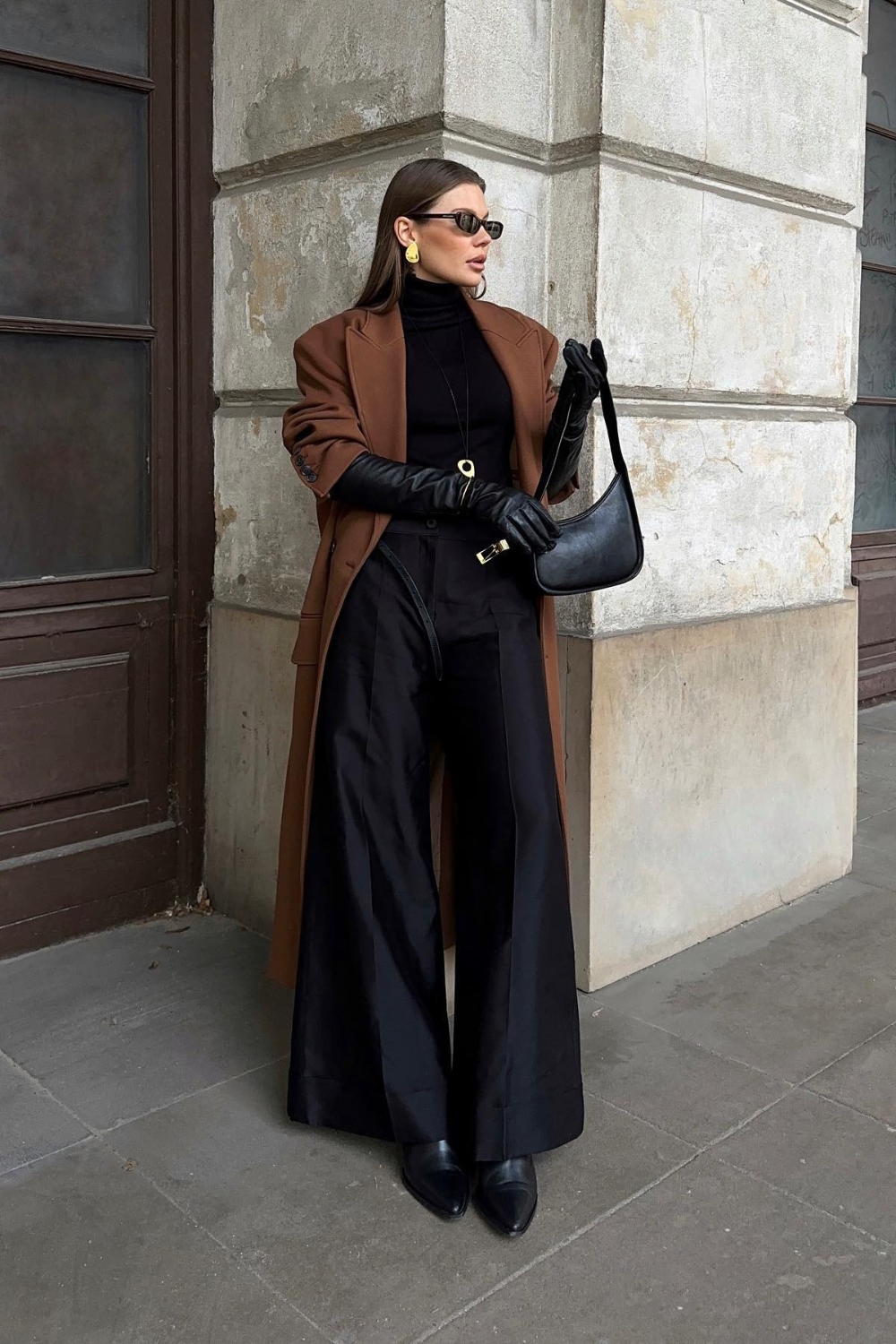 Black Sweater with black wide leg pants outfit