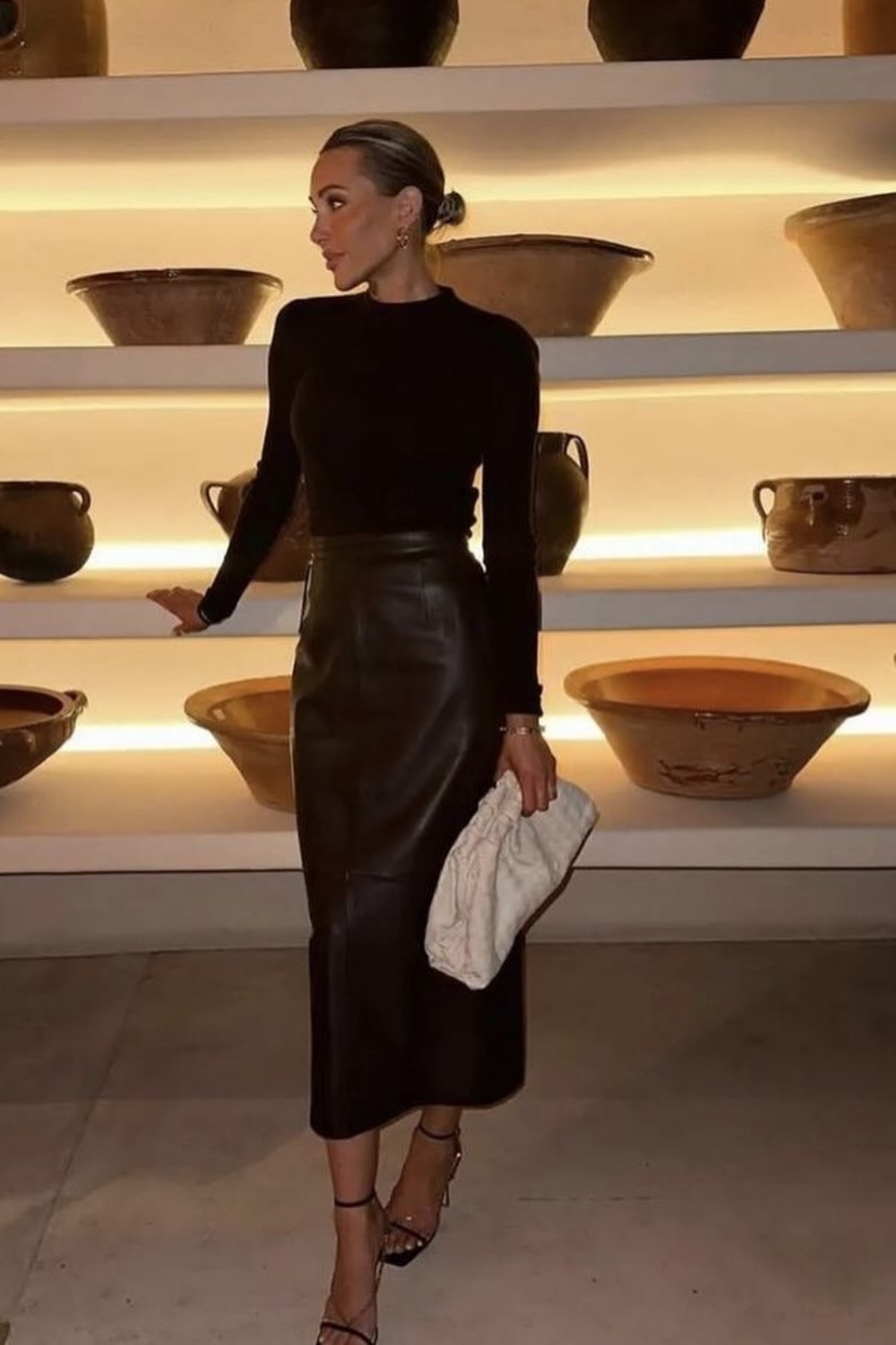 Black Top With Black Leather Skirt Outfit