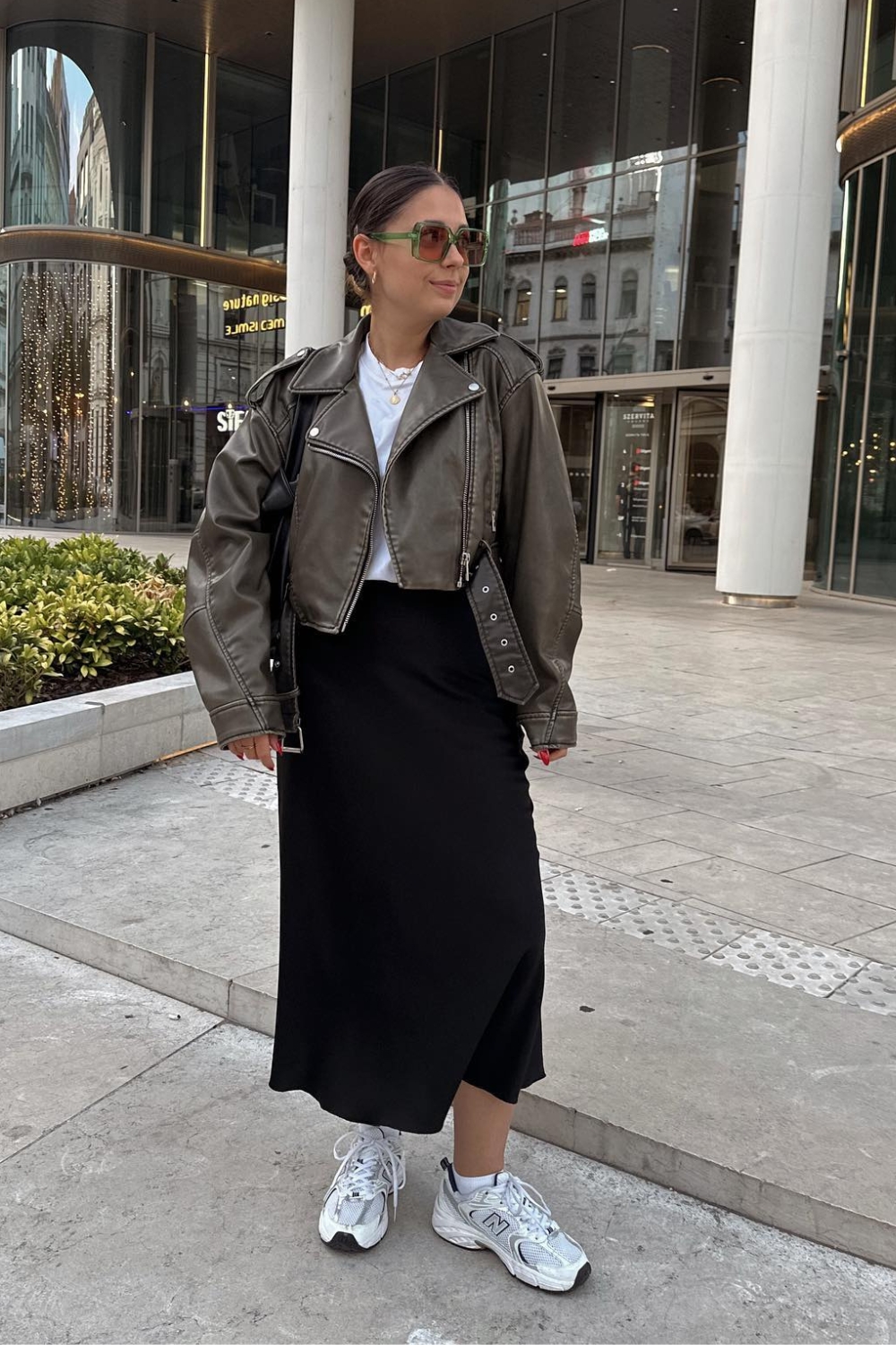 Casual Spring Outfit Ideas - Leather jacket with Satin Skirt